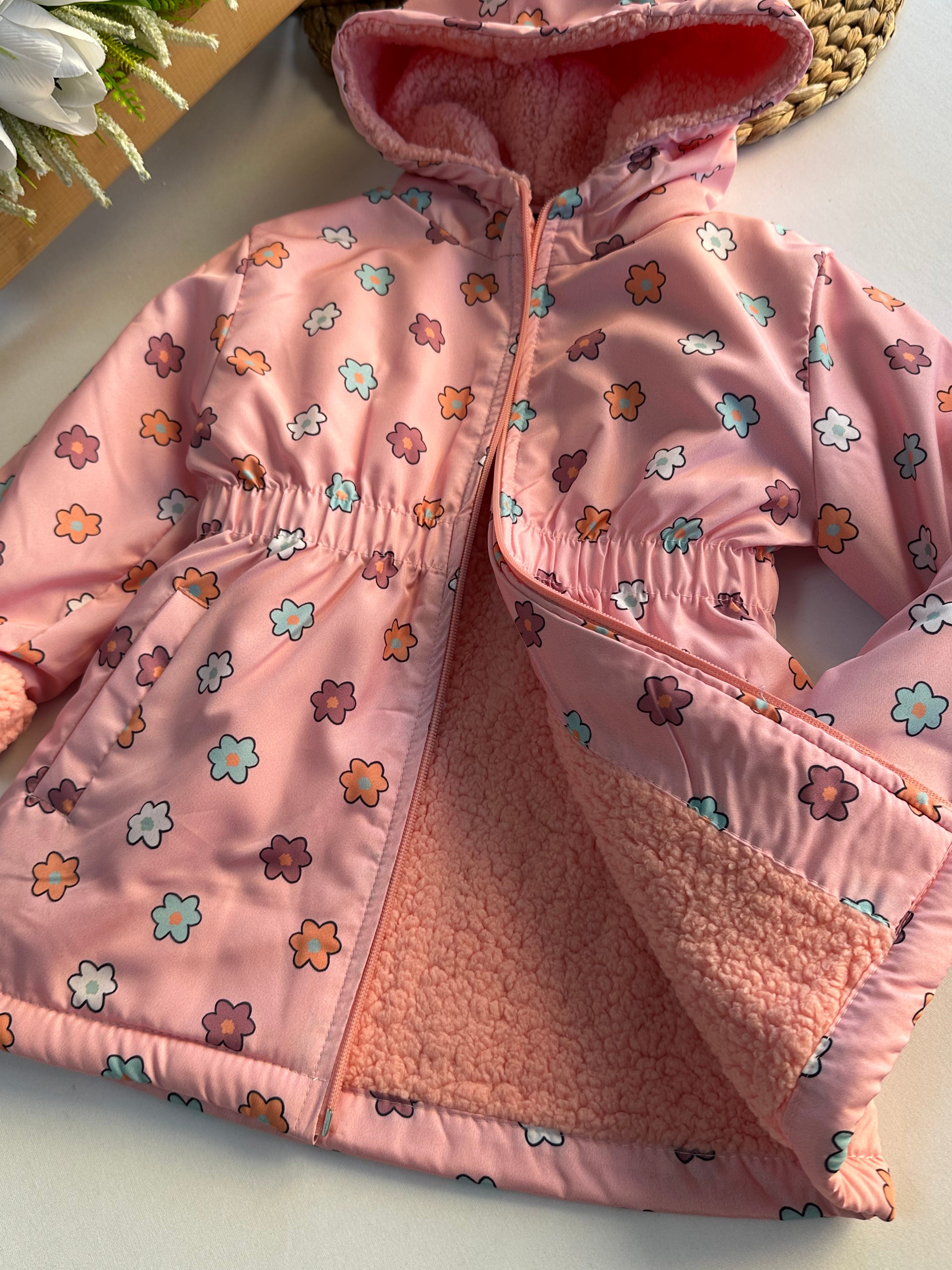 Kız Çocuk Pembe Çiçek Desenli İçi Peluş Kapüşonlu Mont