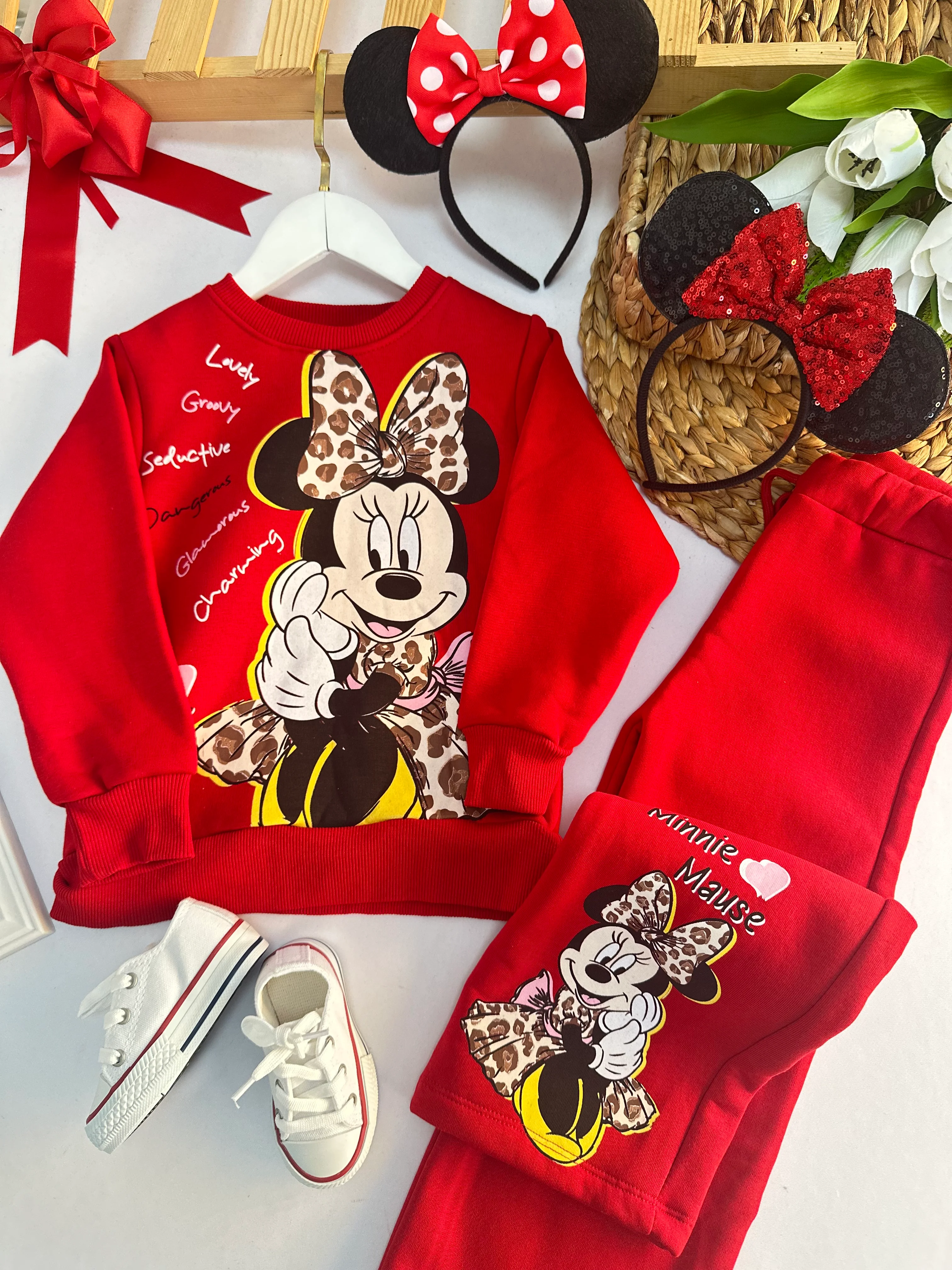 Kız Çocuk Kırmızı Minnie Baskılı Alt-Üst Takım