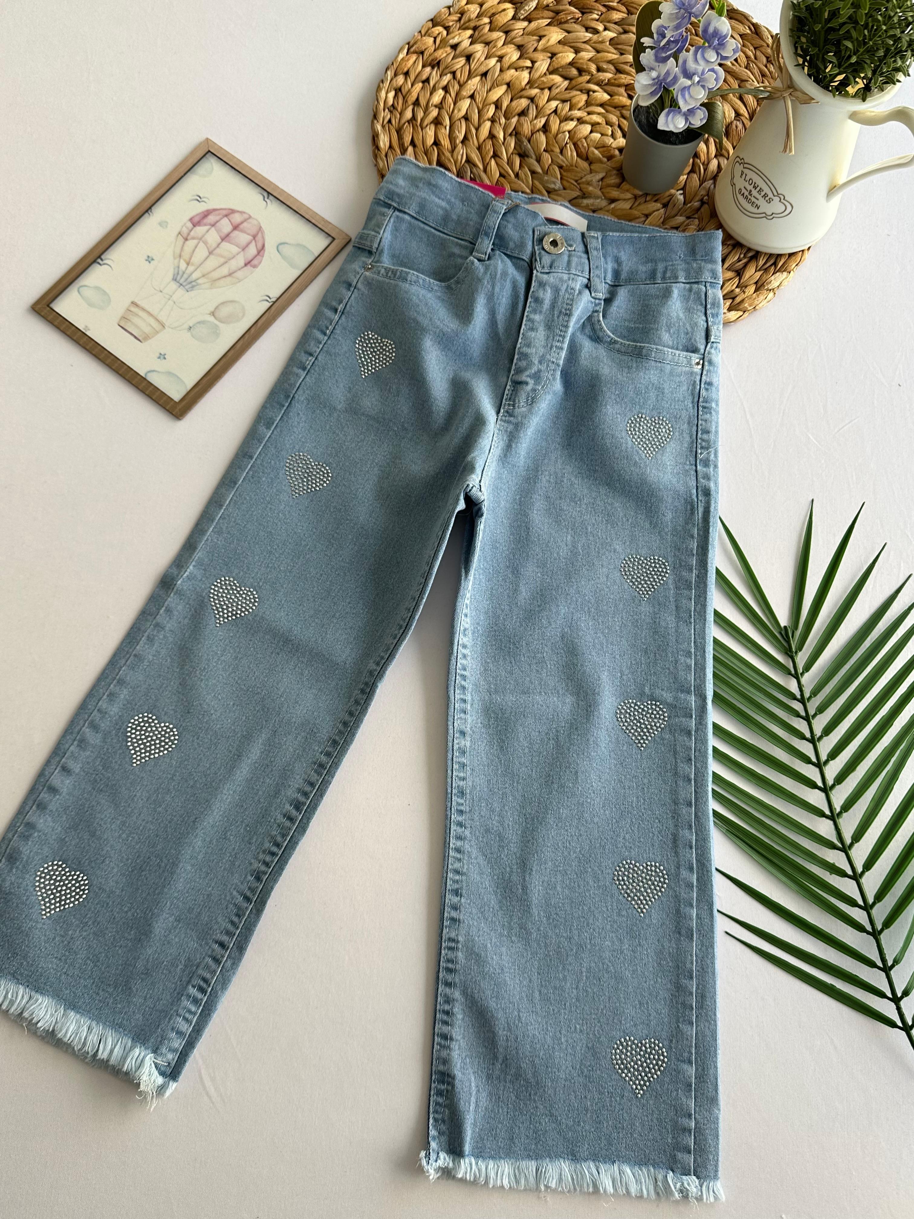 Kız Çocuk Mavi Kalp Desenli Taşlı Kot Pantolon