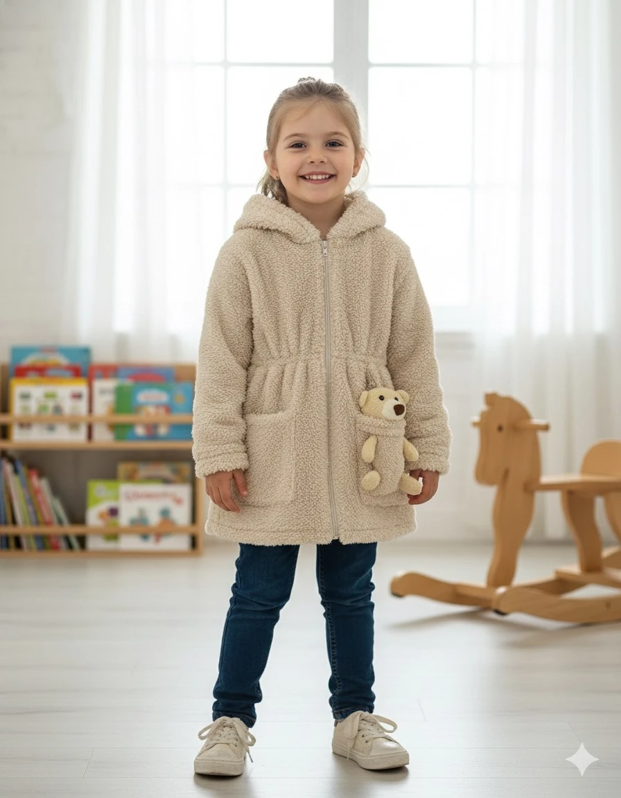 Kız Çocuk Peluş Ayıcıklı Hırka