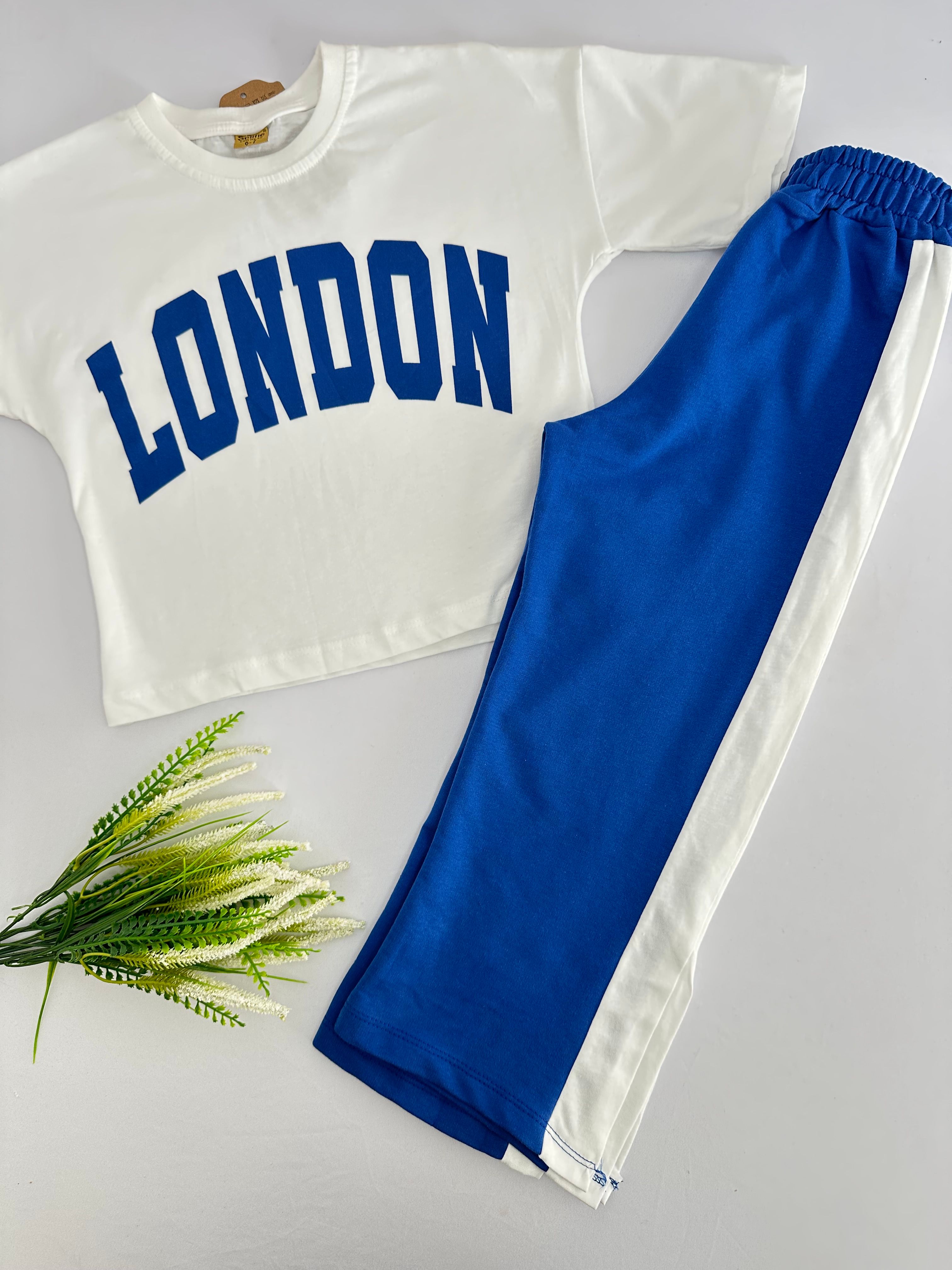 Kız Çocuk Mavi London Paçası Yırtmaçlı Takım