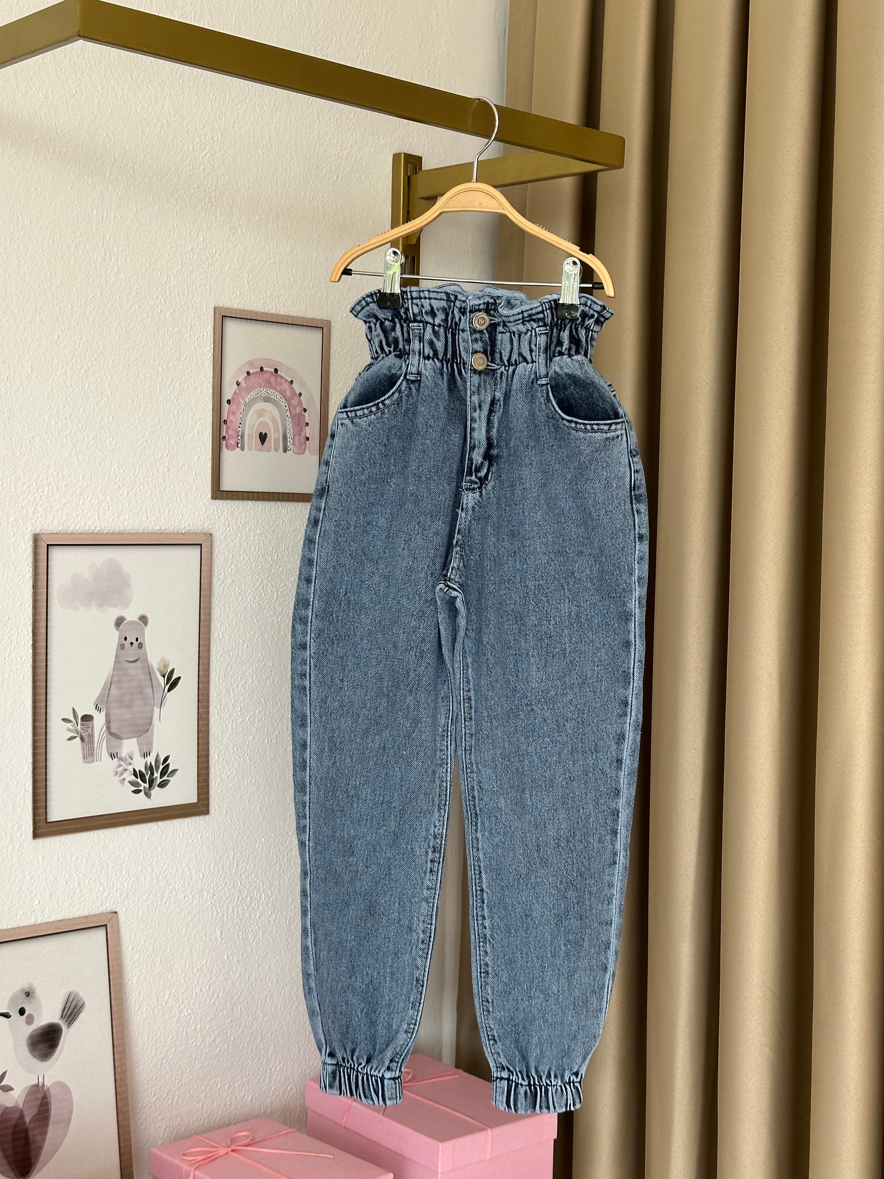 Kız Çocuk Bel ve Paça Lastikli Mavi Kot Pantolon
