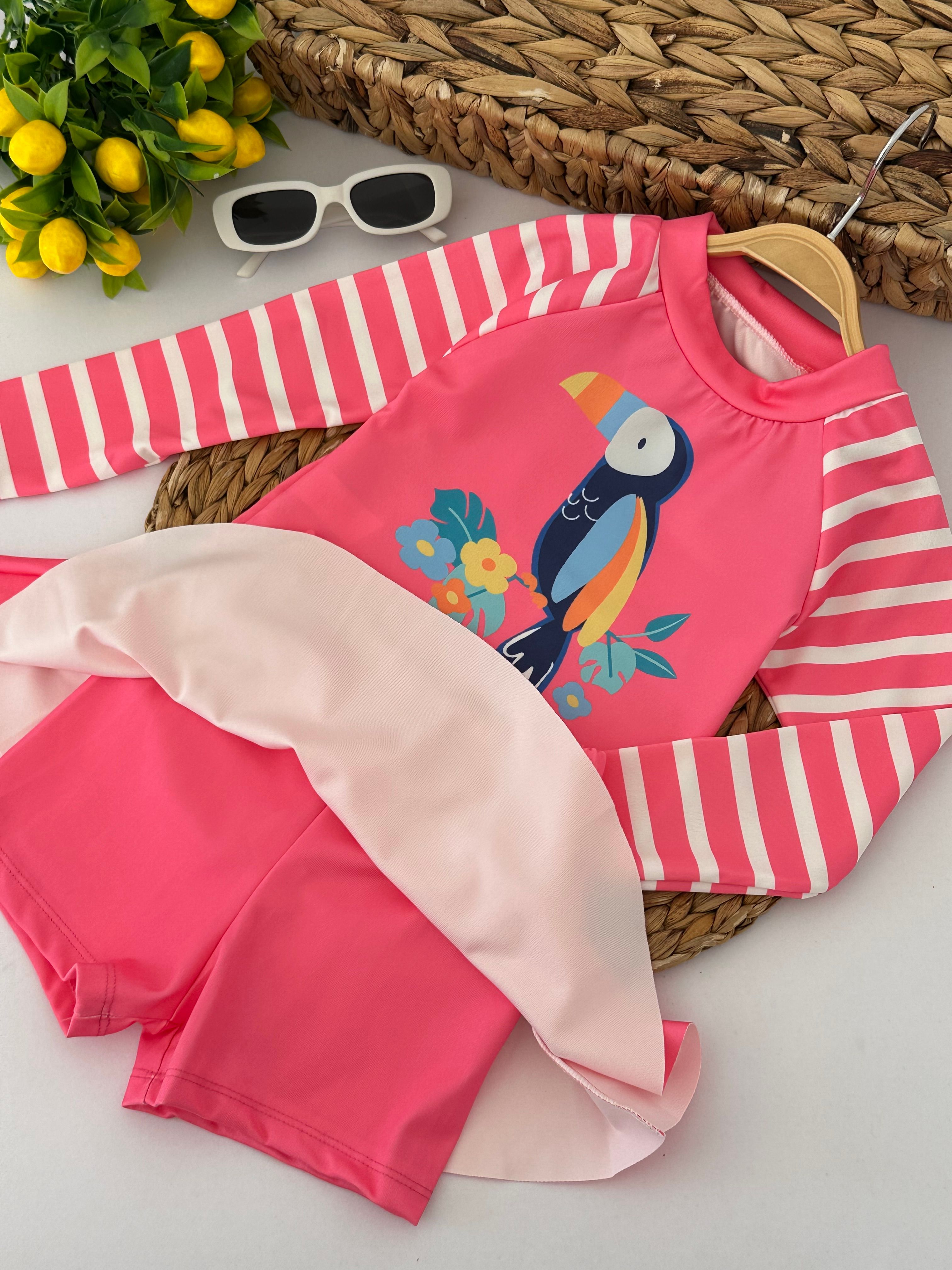 Kız Çocuk Pembe Papağanlı Şort Etekli Mayo