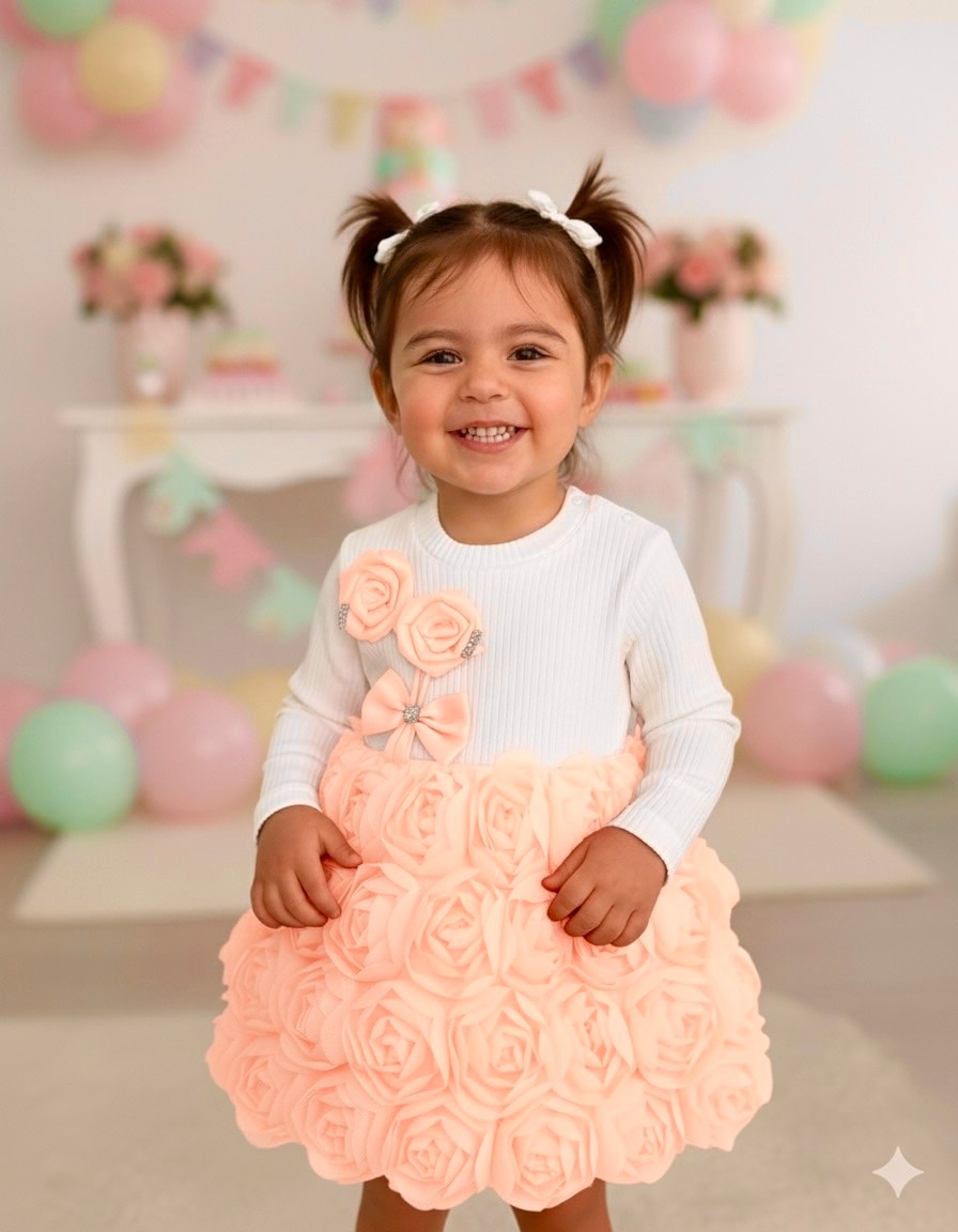 Kız Çocuk Somon Çiçek İşlemeli Kabarık Etekli Takım