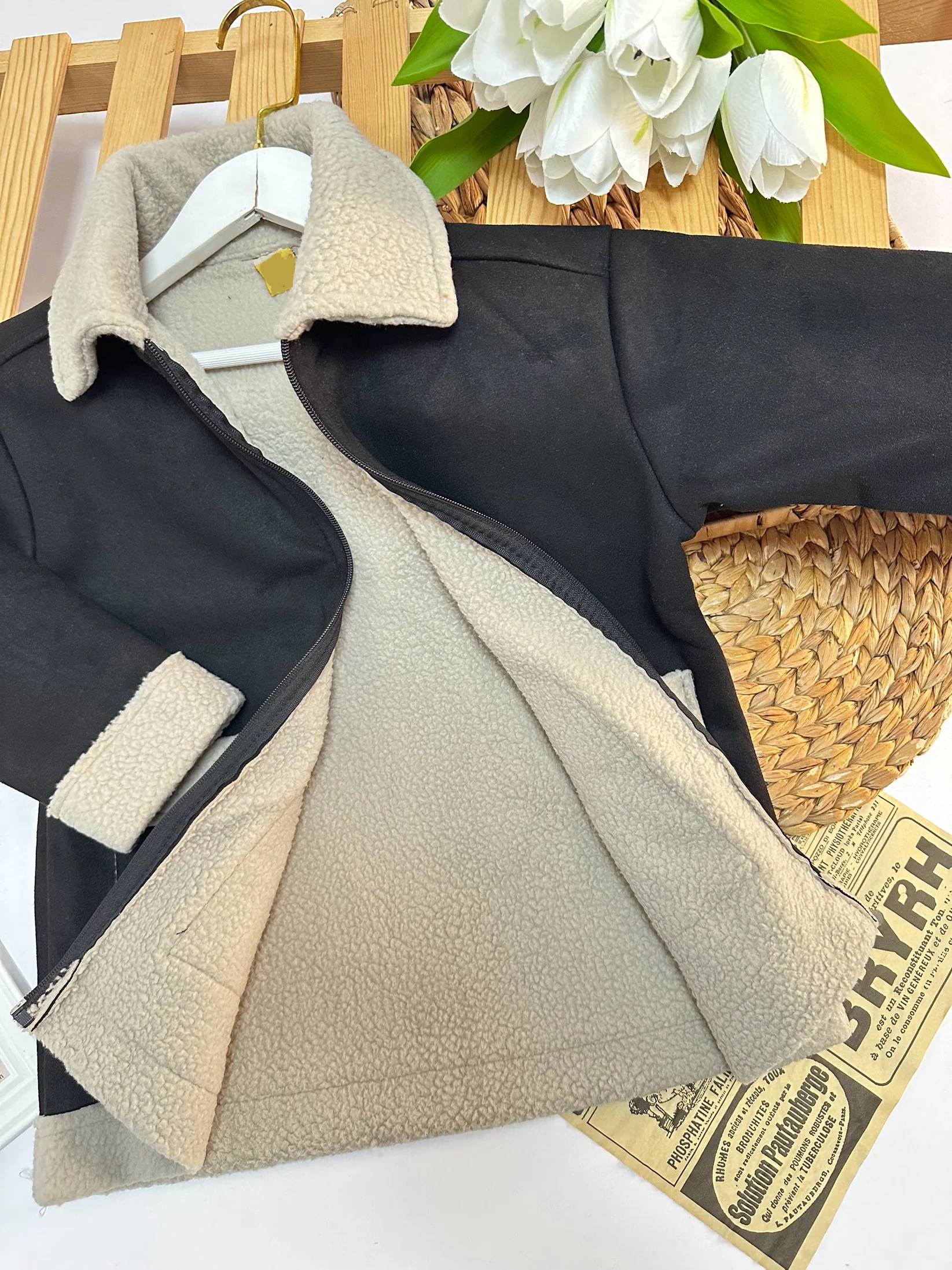 Erkek Çocuk Siyah Ekru İçi Yünlü Süet Mont