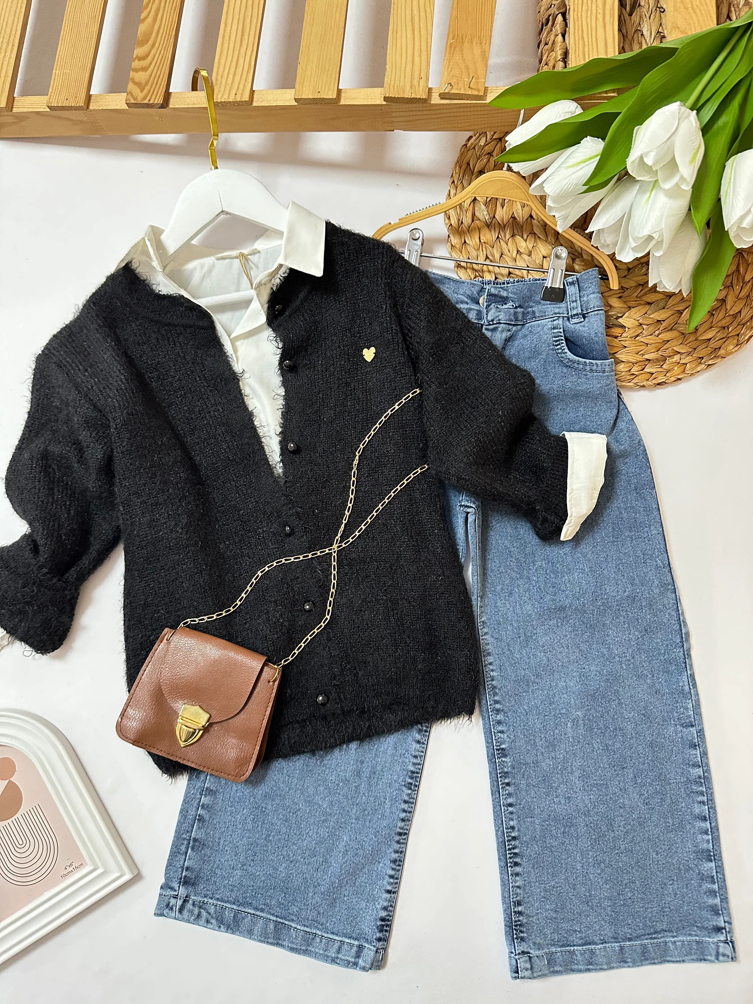 Kız Çocuk Siyah Hırka ve Çantalı 4'lü Takım