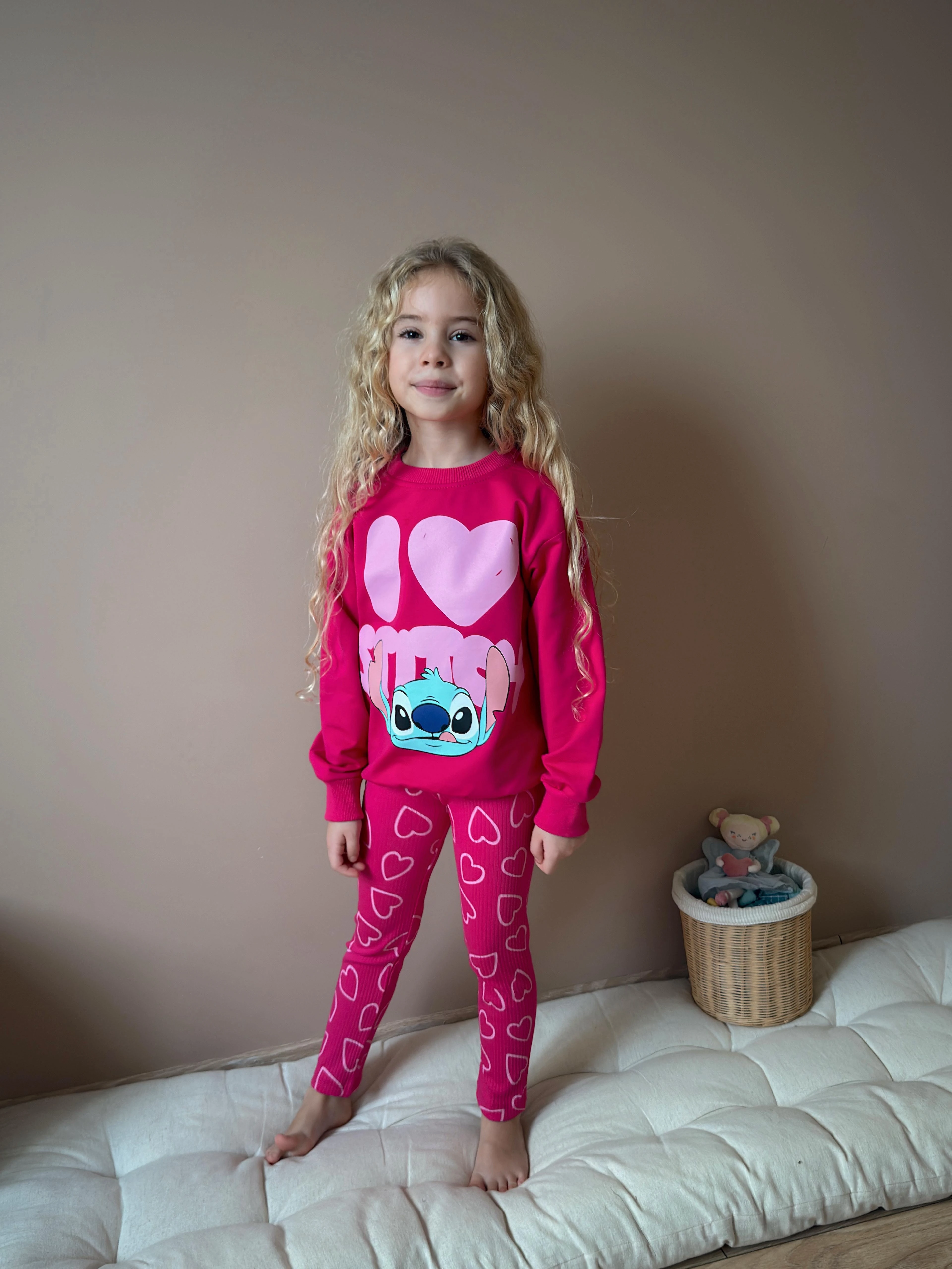 Kız Çocuk Fuşya Stitch Taytlı Takım