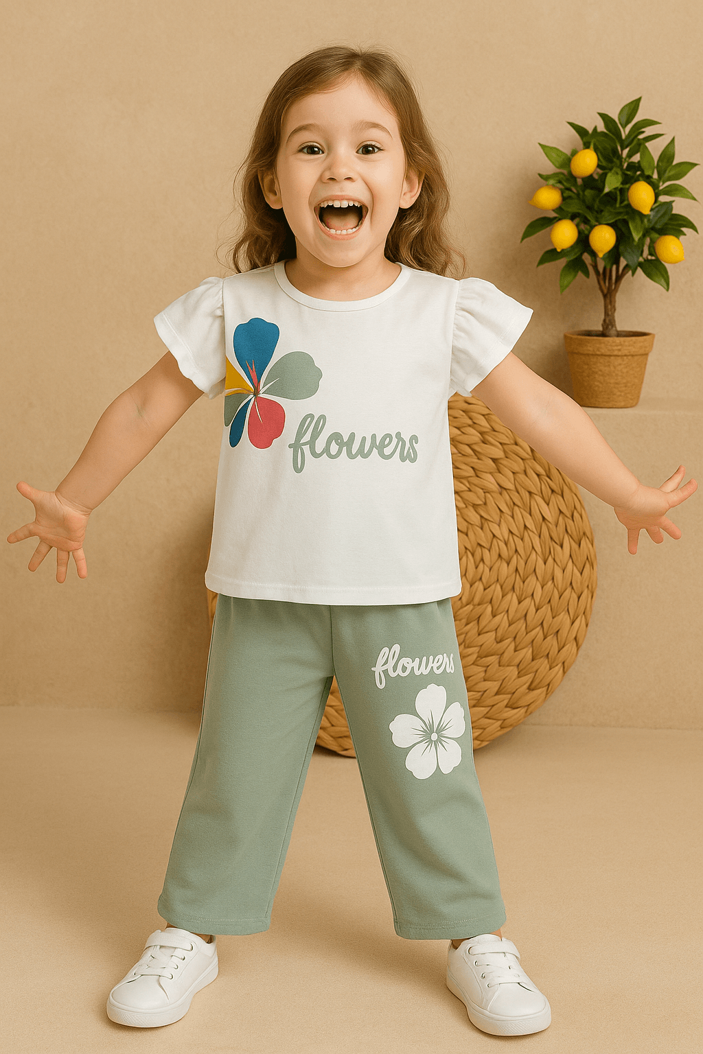 Kız Çocuk Yeşil Flowers Takım