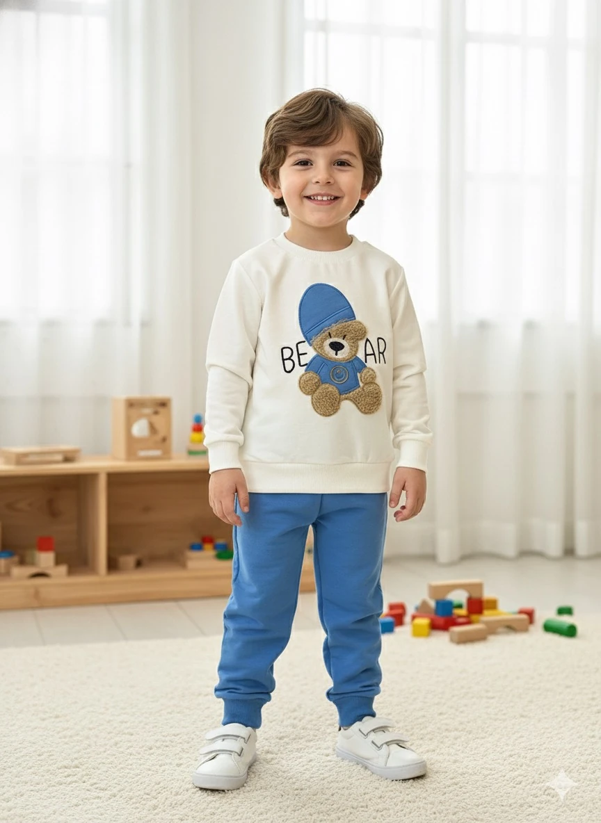 Unisex  Mavi Şapkalı Ayıcık Takım