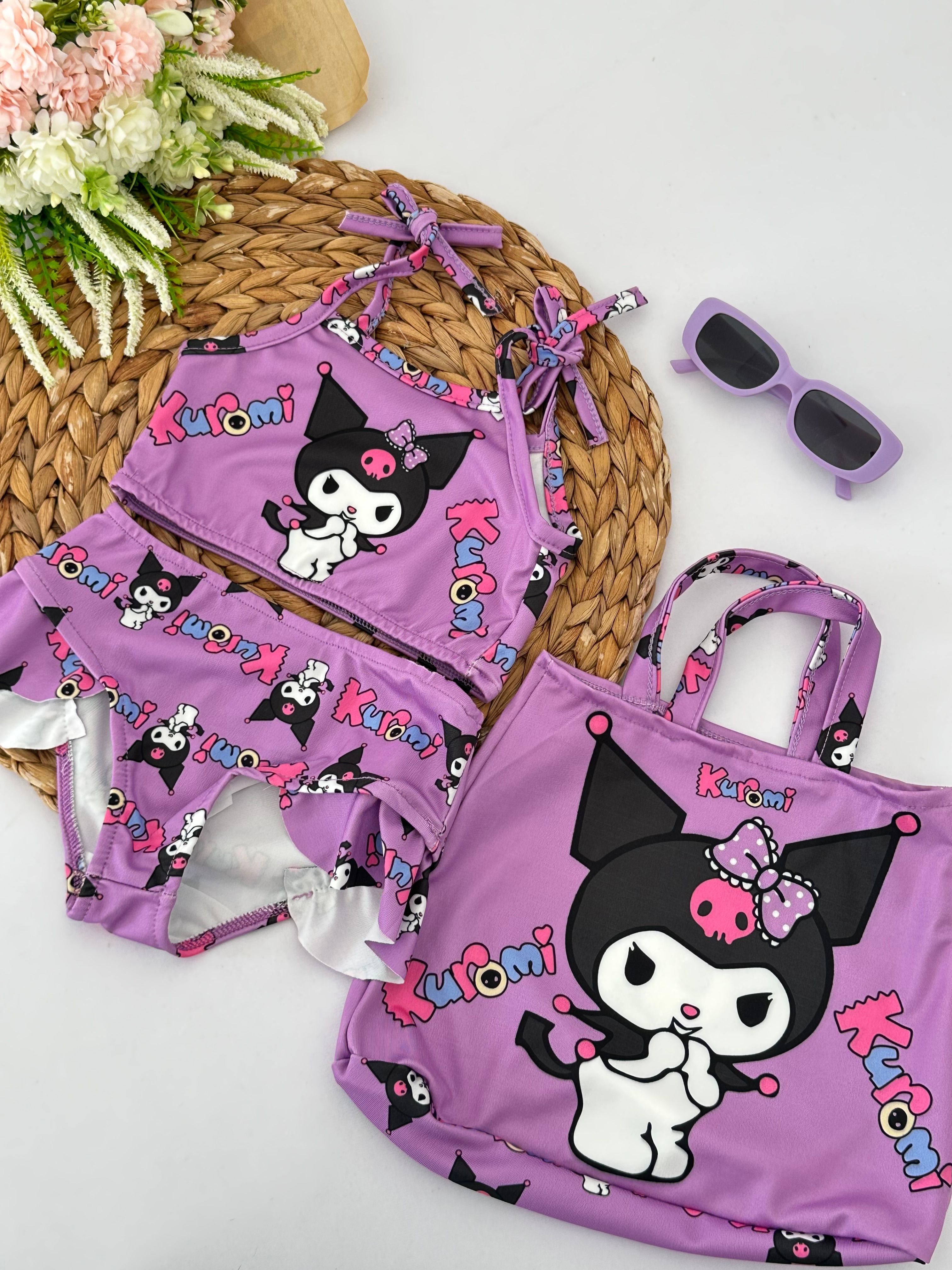 Kız Çocuk Mor Kuromi Çantalı Bikini Takımı