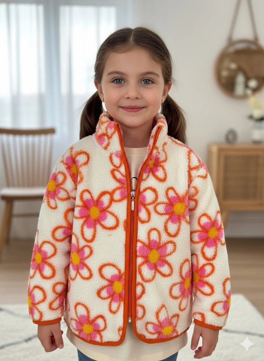 kız Çocuk Pembe Papatyalı Peluş Hırka