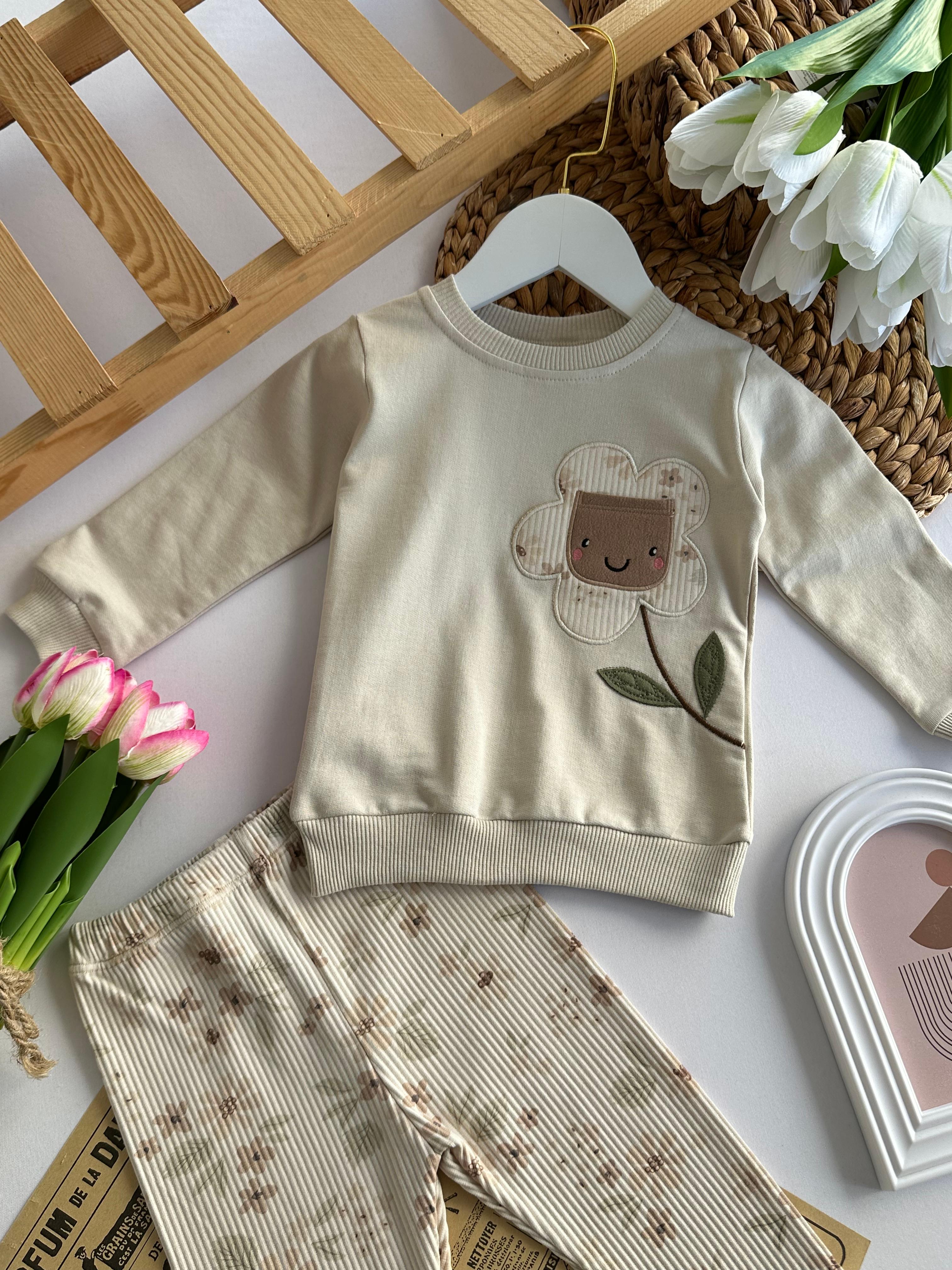 Kız Bebek Bej Çiçek Desenli Taytlı Takım 