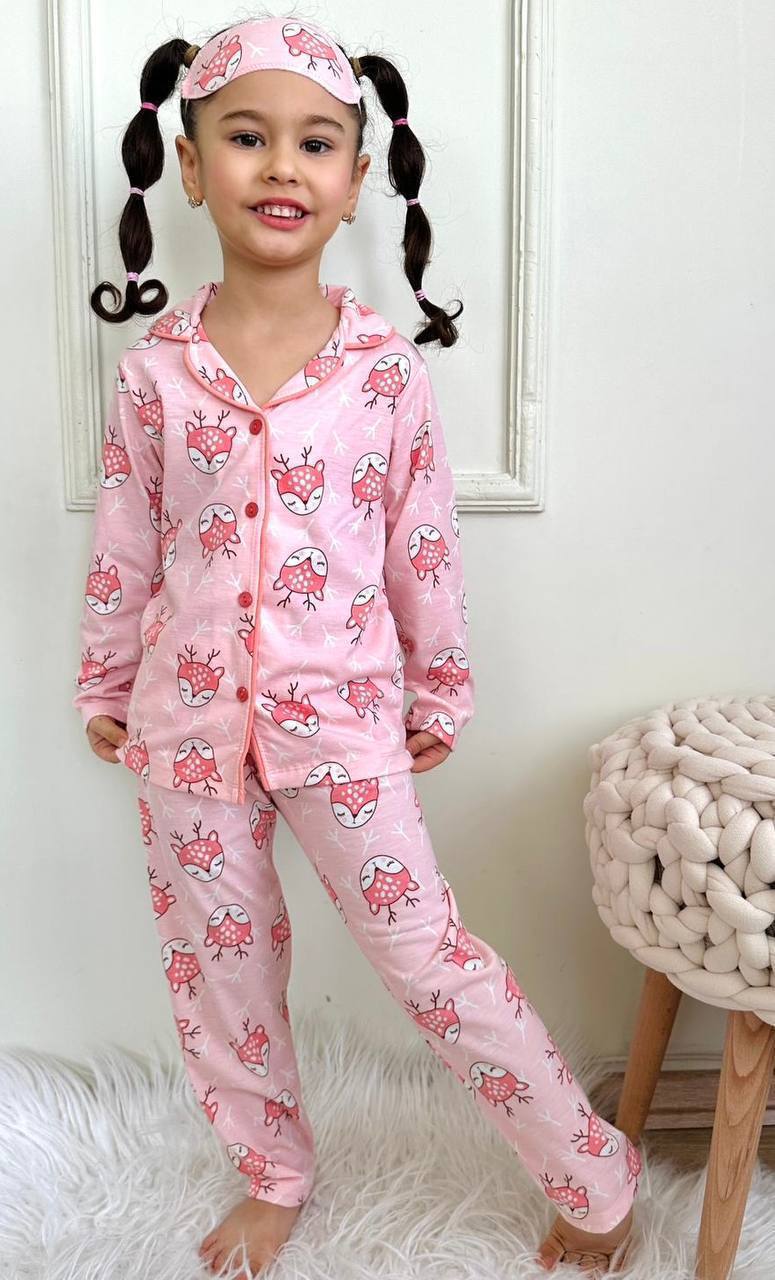 Kız Çocuk Geyikli Uyku Bandı Hediyeli Pijama Takımı