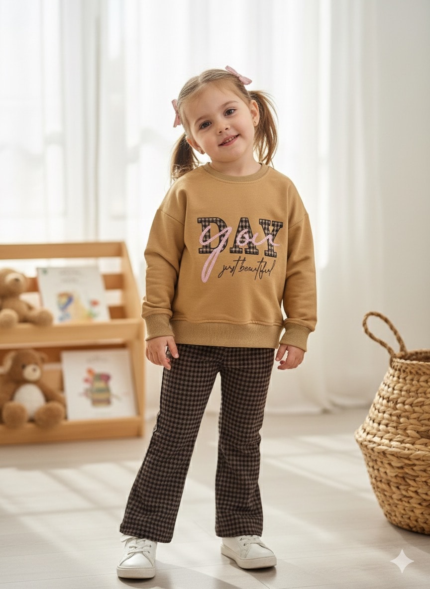 Kız Çocuk Kahve Day You Desenli Takım