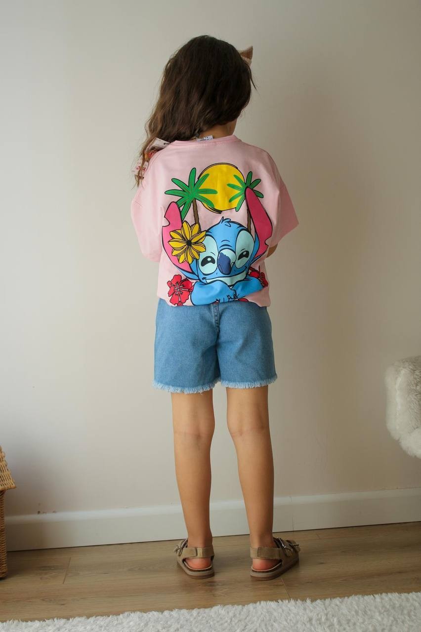 Kız Çocuk Pembe Stitch Şortlu Takım
