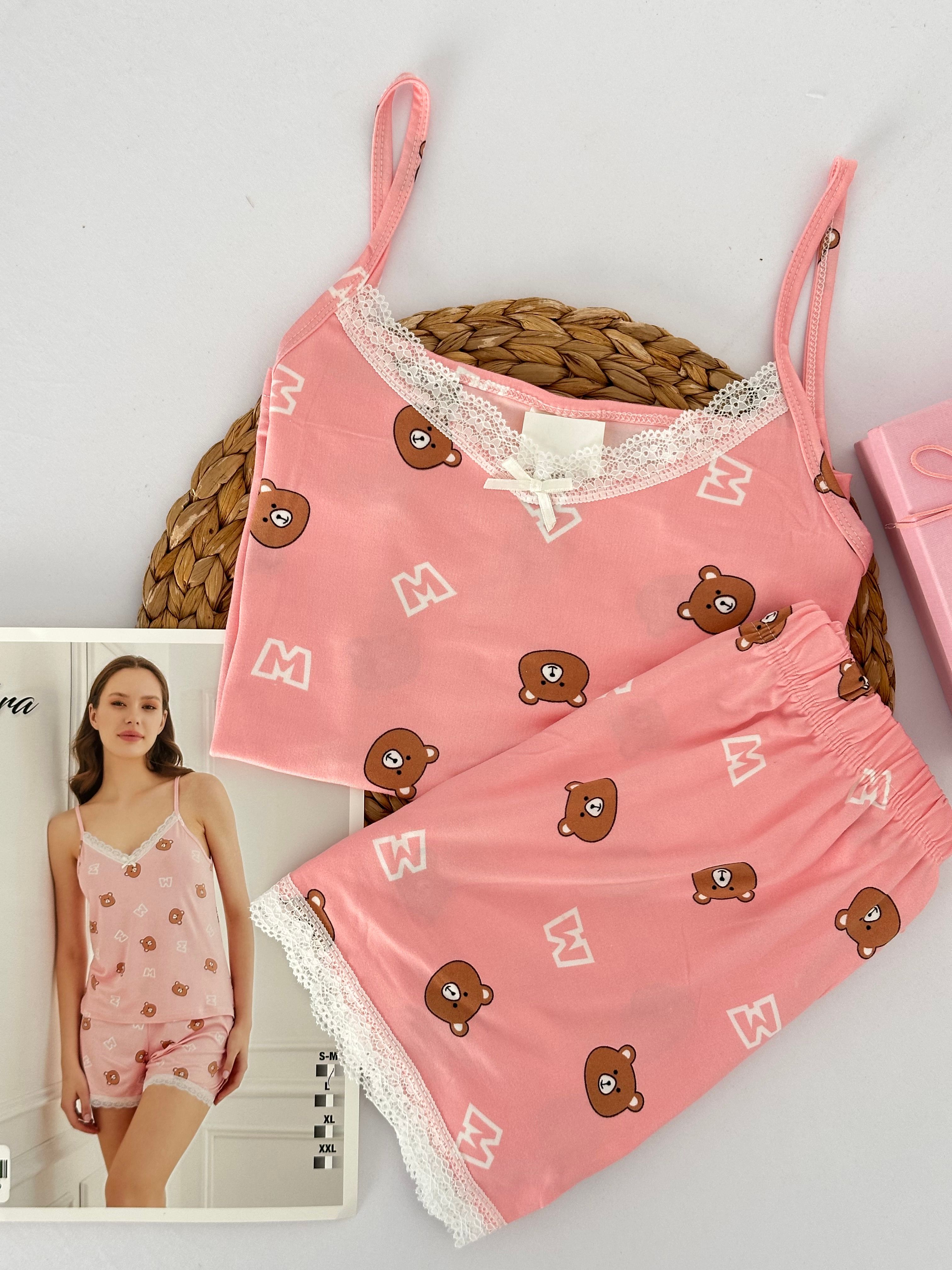 Pembe Ayıcık Desenli Dantelli Kadın Pijama Takımı