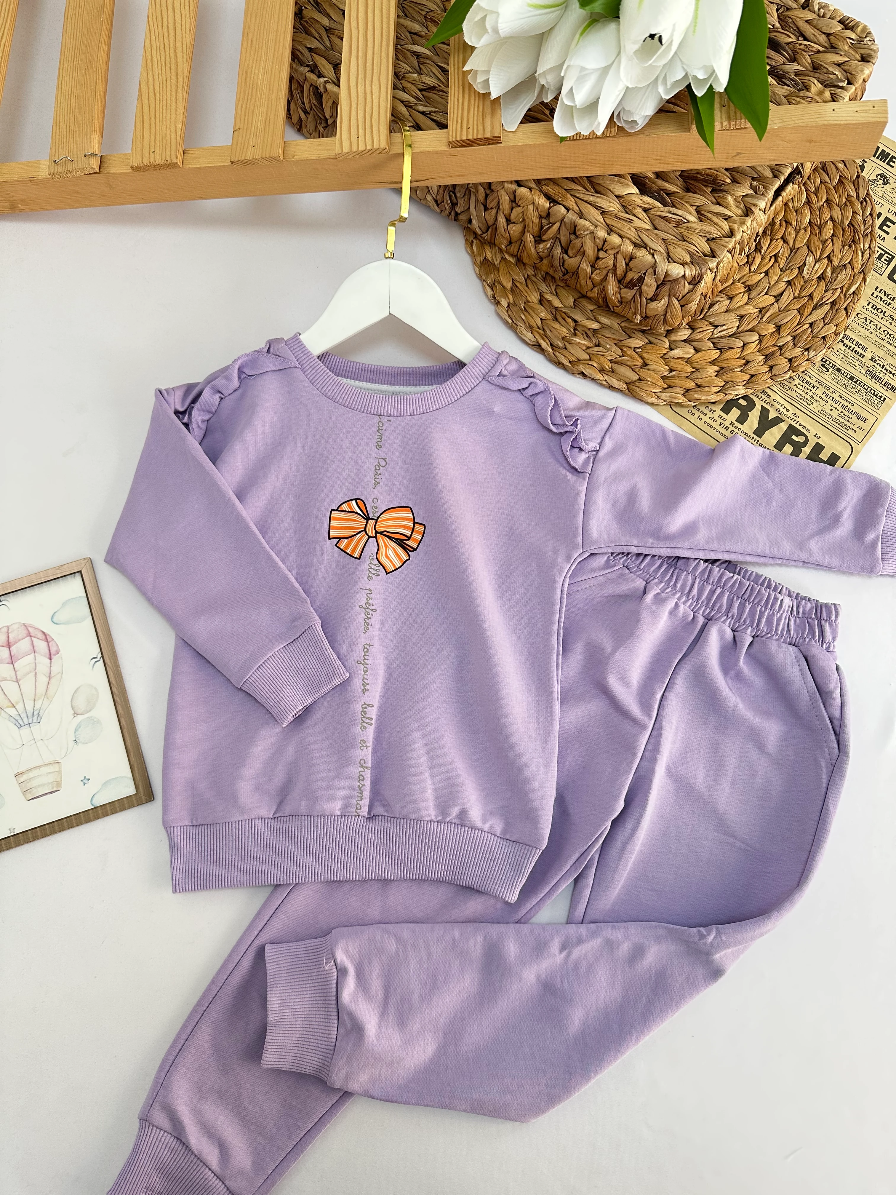 Kız Çocuk Mor Kurdele Detaylı Takım