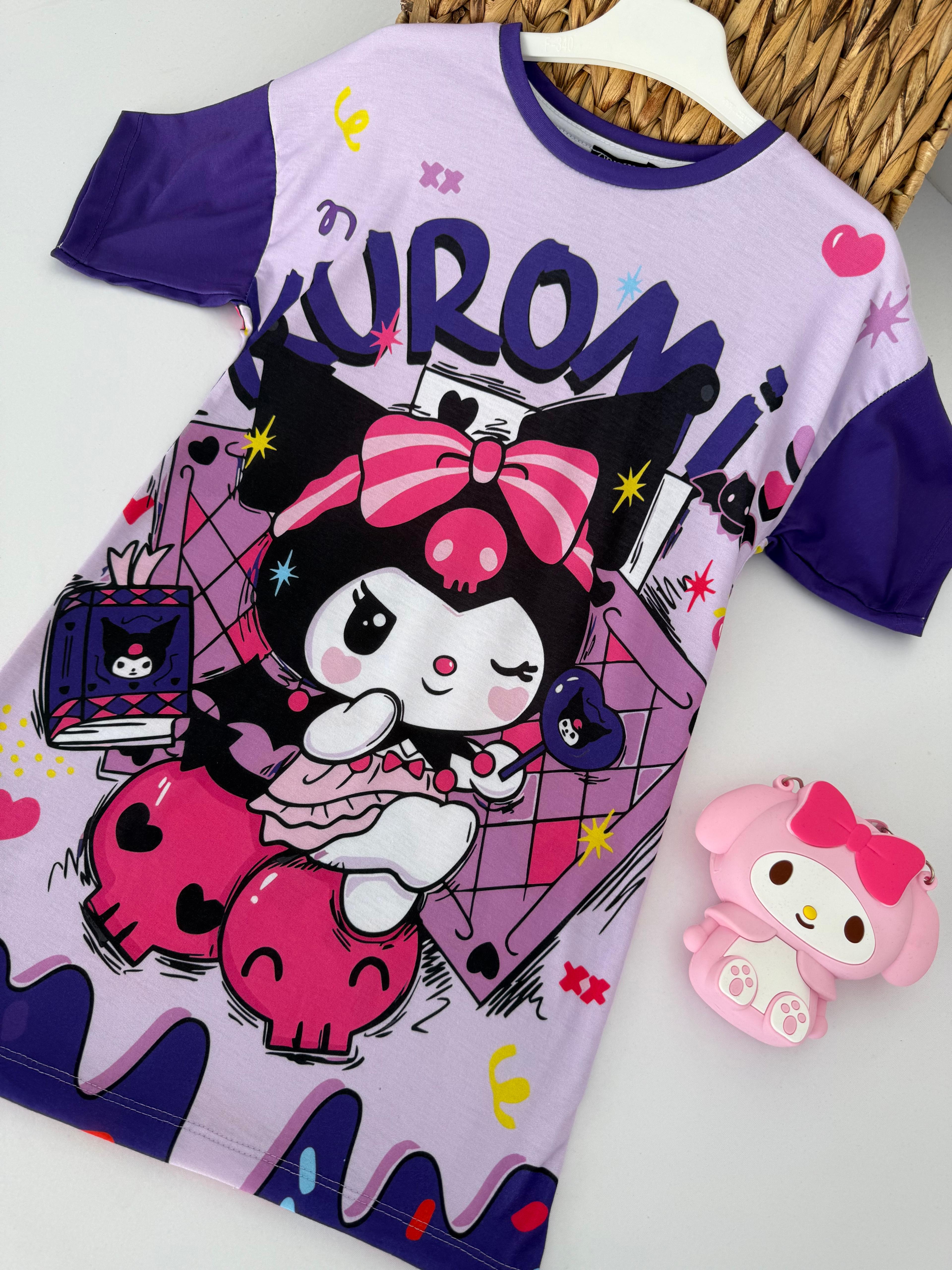Kız Çocuk Mor Kuromi Fiyonklu Tunik Elbise