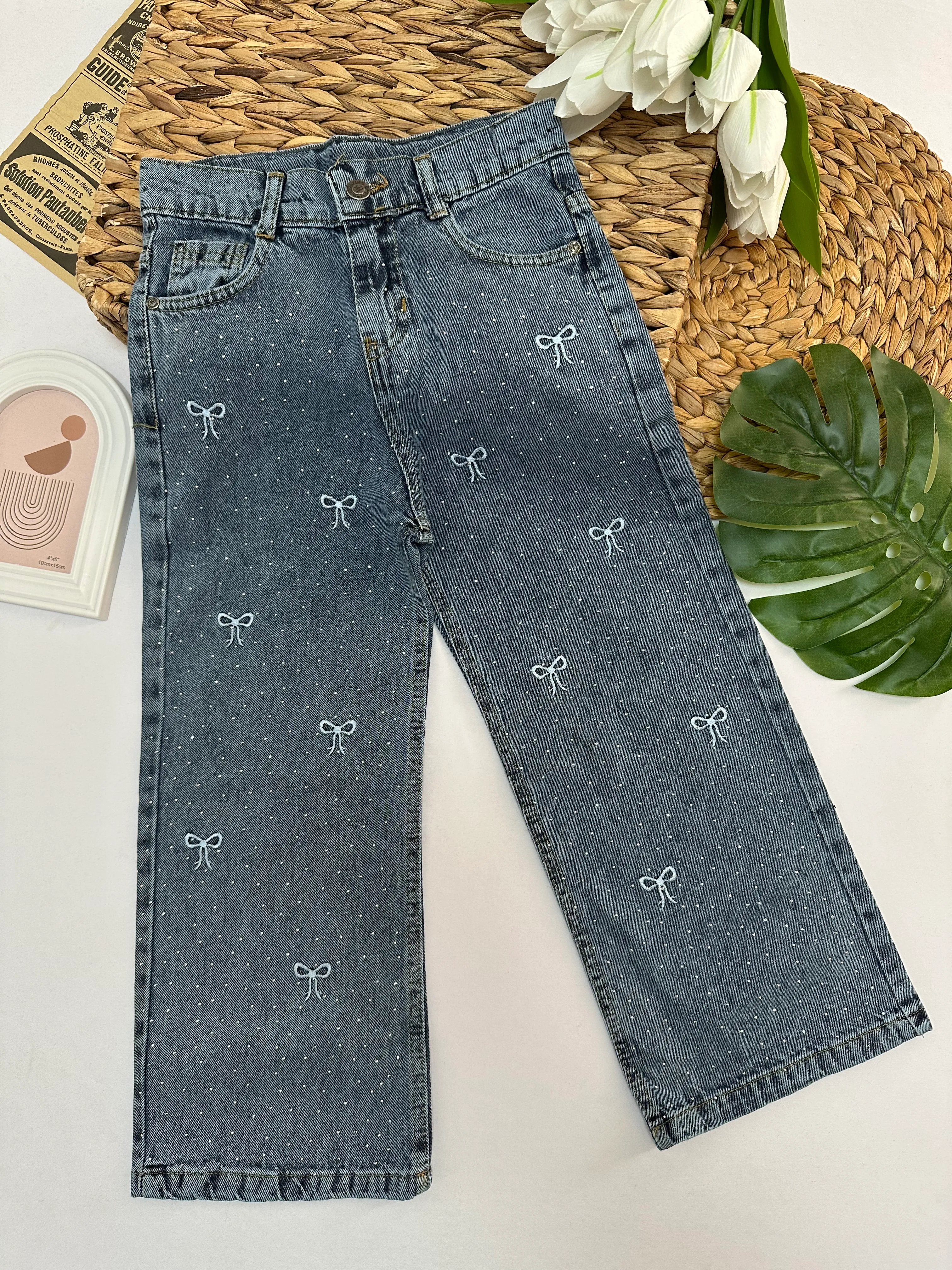 Kız Çocuk Mavi Taşlı ve Fiyonklu Kot Pantolon