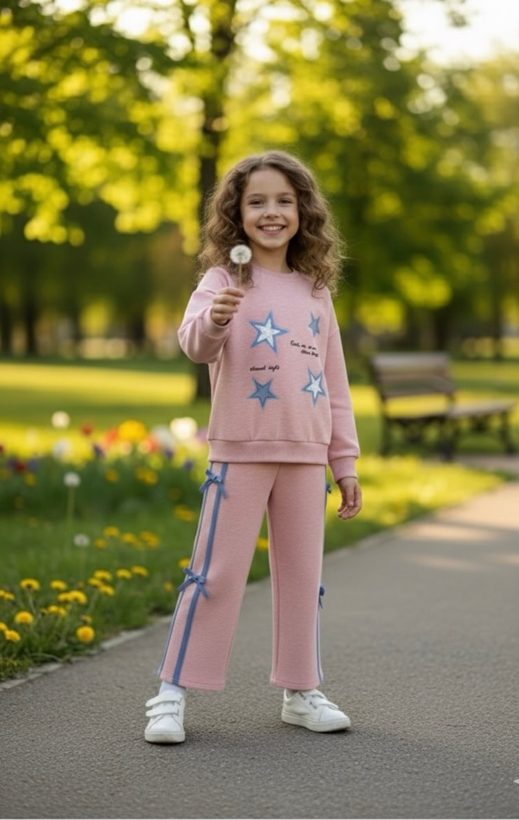 Kız Çocuk Pembe Yıldızlı Şeritli Alt-Üst Takım