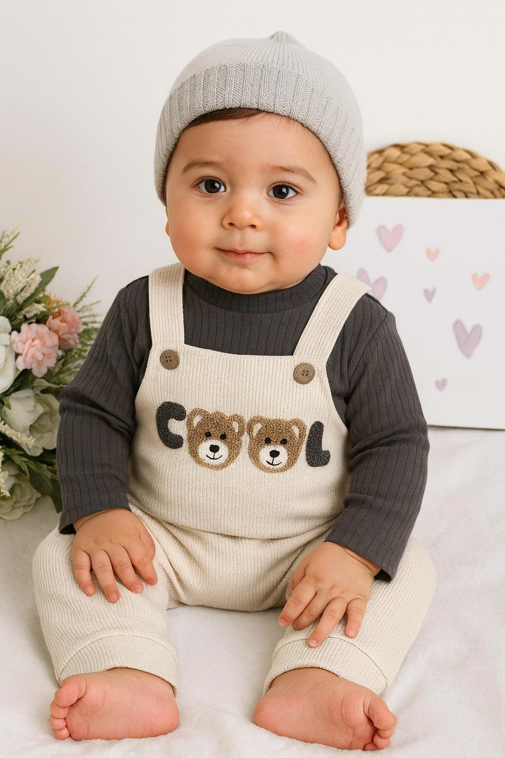 Erkek Bebek Füme Cool Yazılı Ayıcıklı Salopet Tulum