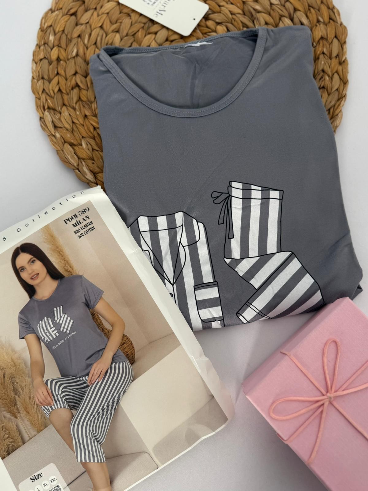 Gri Şeriti Kaprili Kadın Pijama Takımı