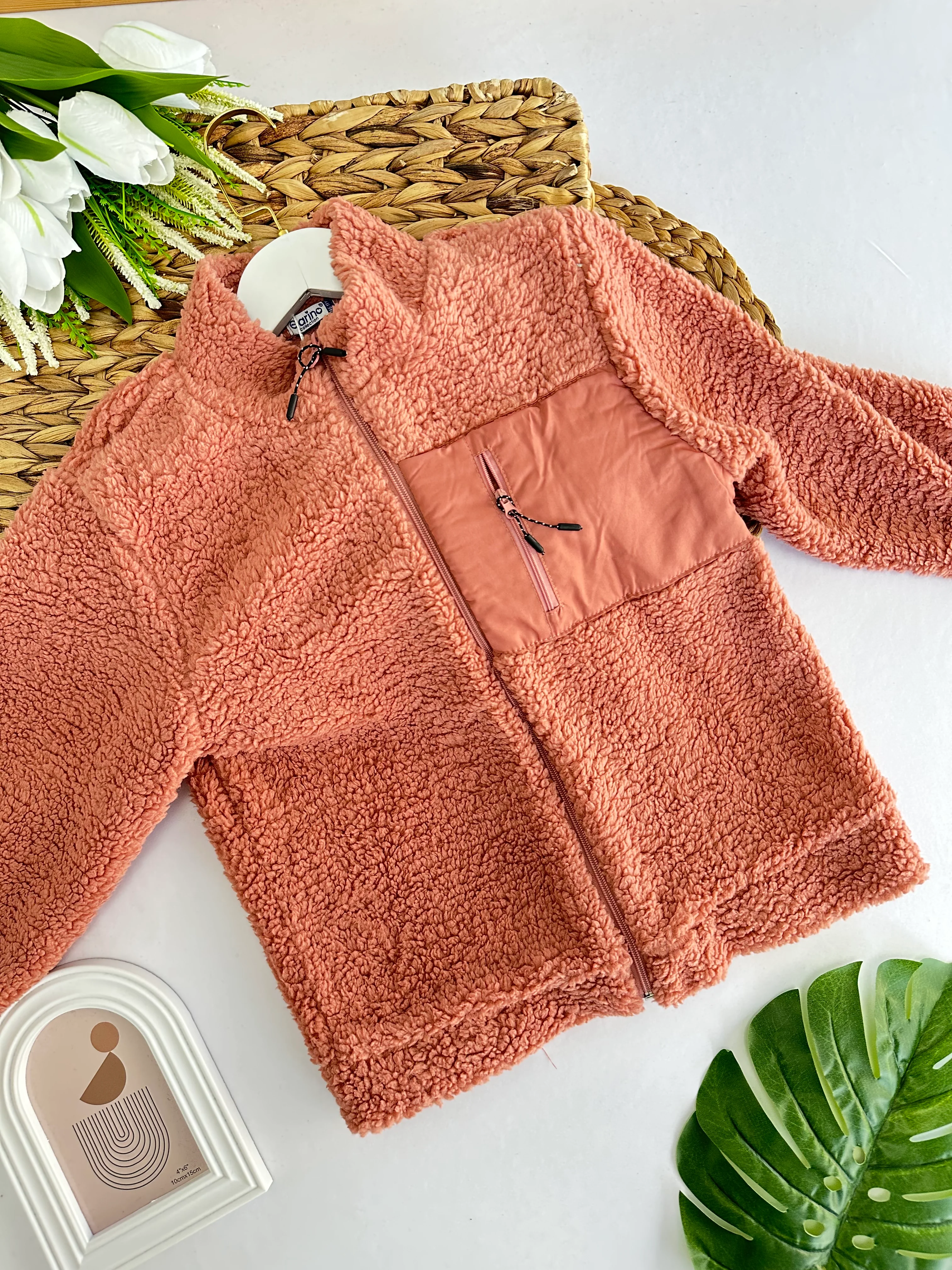 Kız Çocuk Gül Kurusu Cepli Peluş Hırka