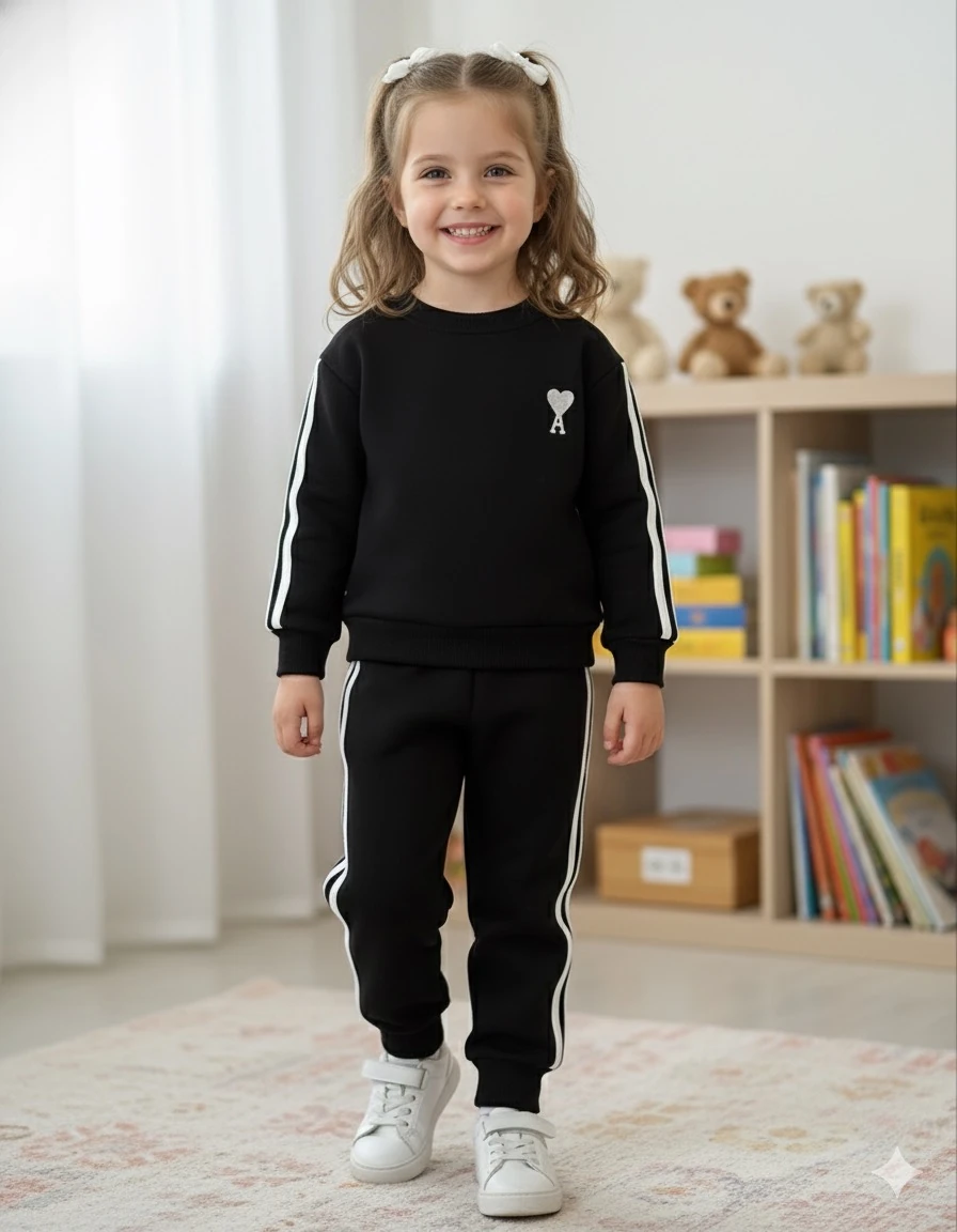 Kız Çocuk Siyah Kalp Nakışlı Alt-Üst Takım