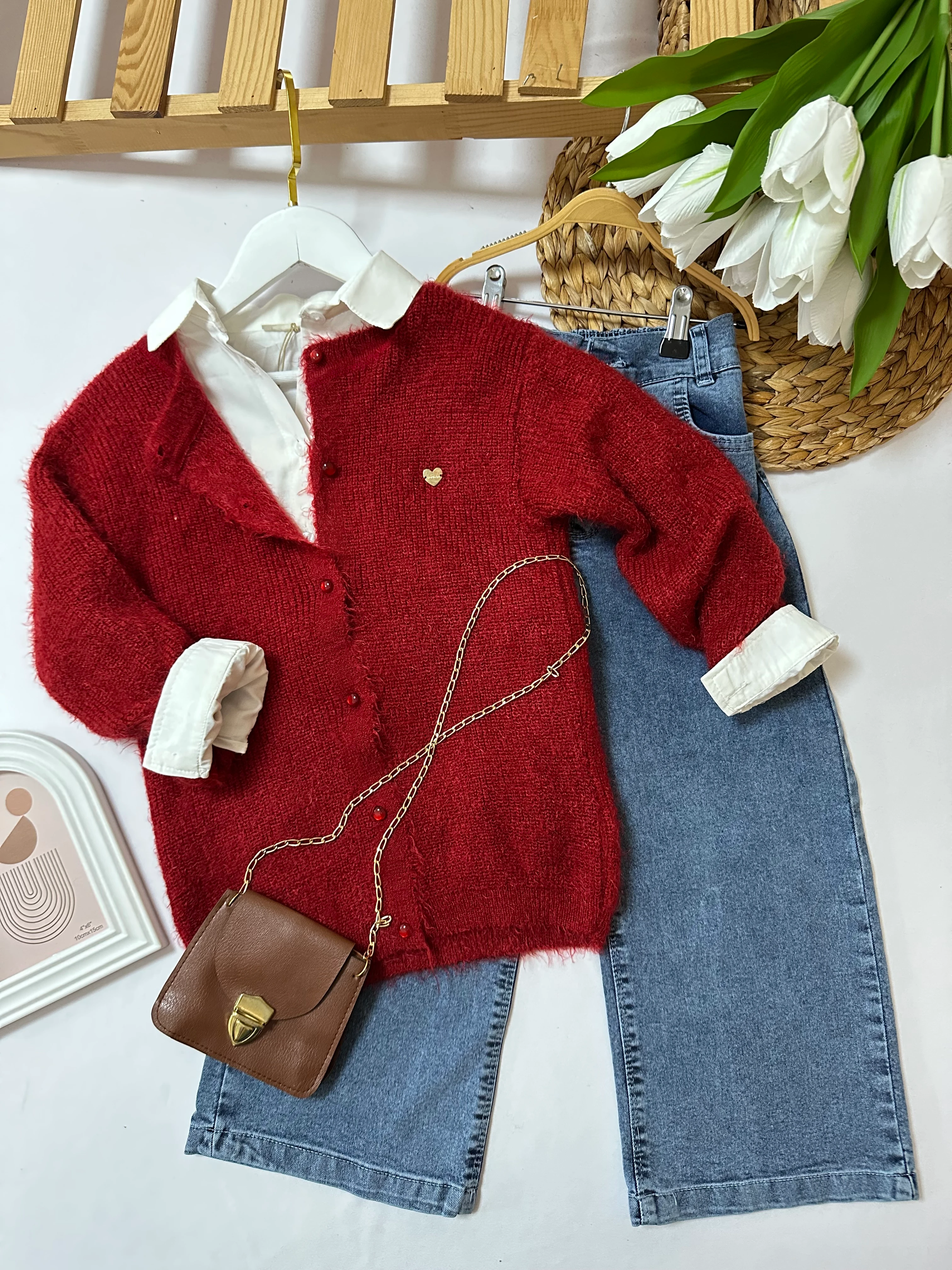 Kız Çocuk Kırmızı Hırka ve Çantalı 4'lü Takım