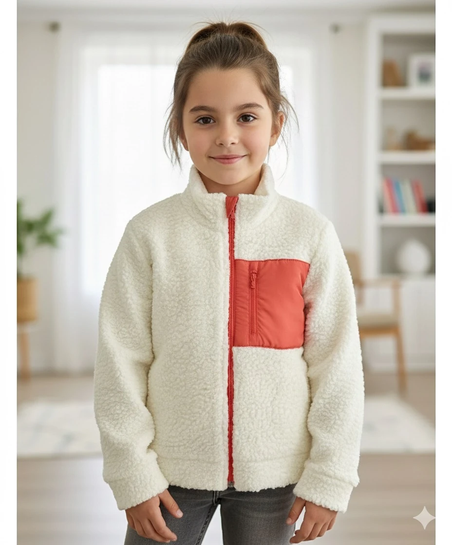 Kız Çocuk Beyaz Mercan Cepli Peluş Hırka