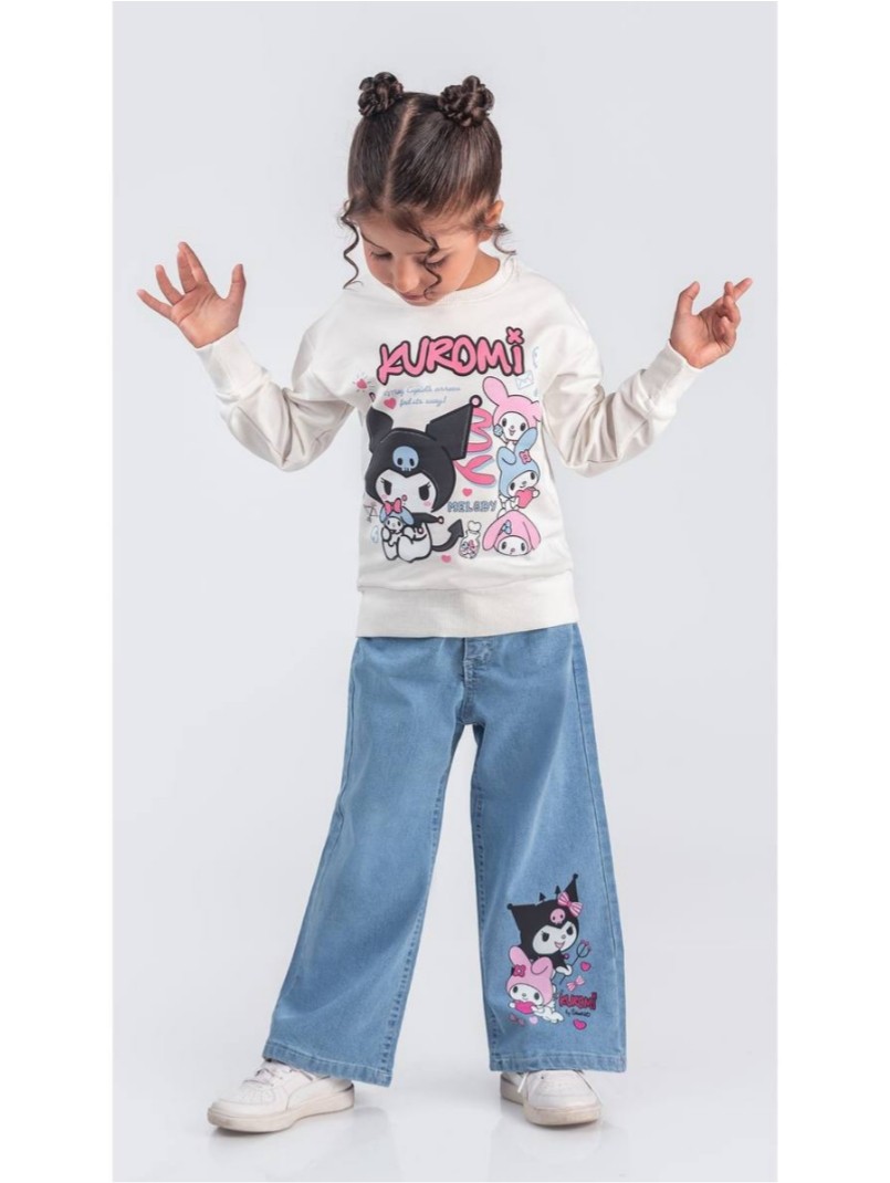 Kız Çocuk Beyaz Kuromi My Melody Kot Pantolon Sweat Takım