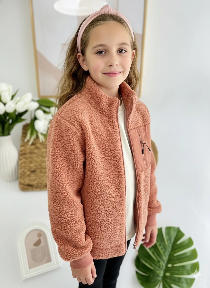 Kız Çocuk Gül Kurusu Cepli Peluş Hırka