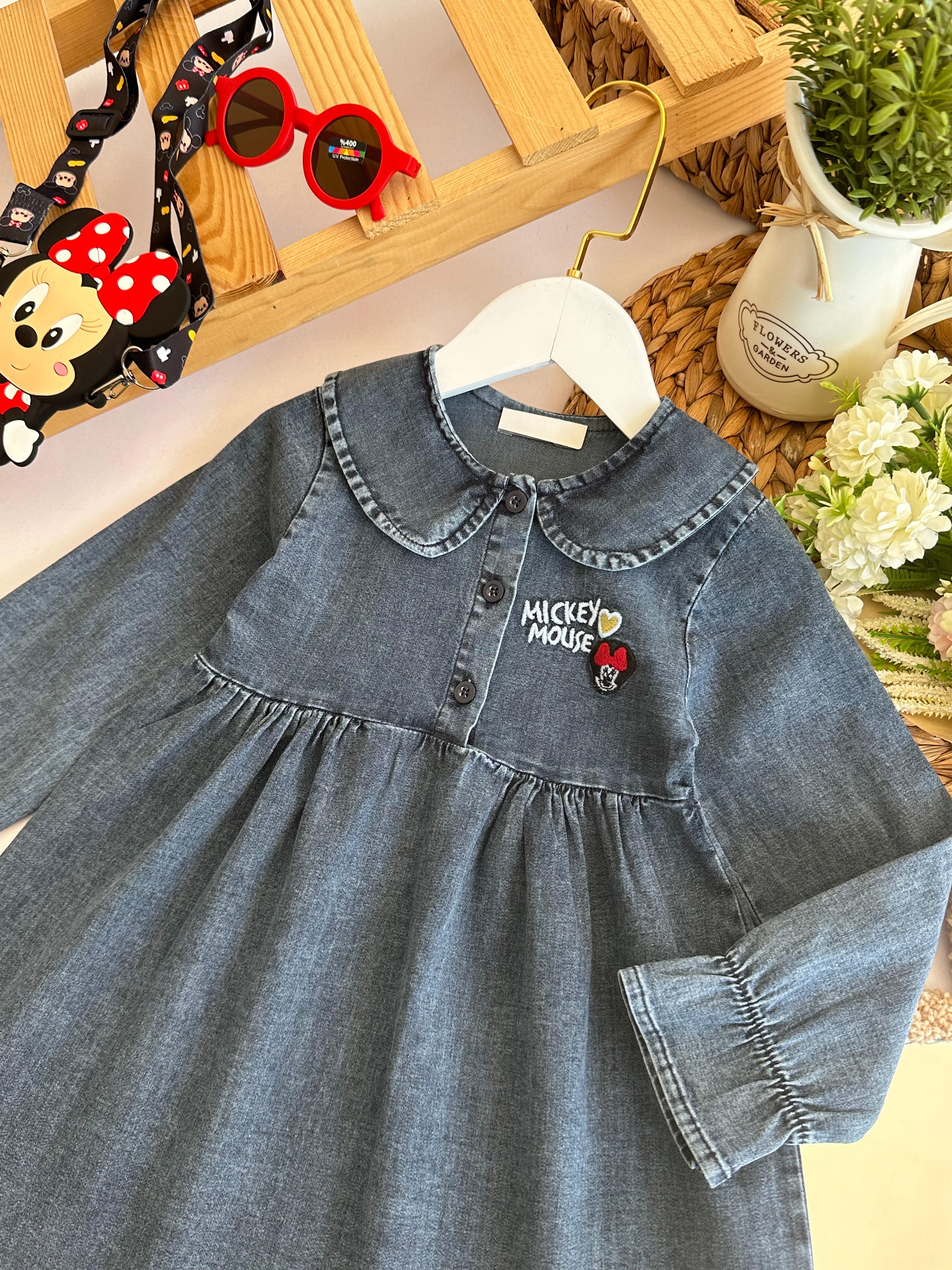 Kız Çocuk Koyu Mavi Mickey Mouse Kot Elbise