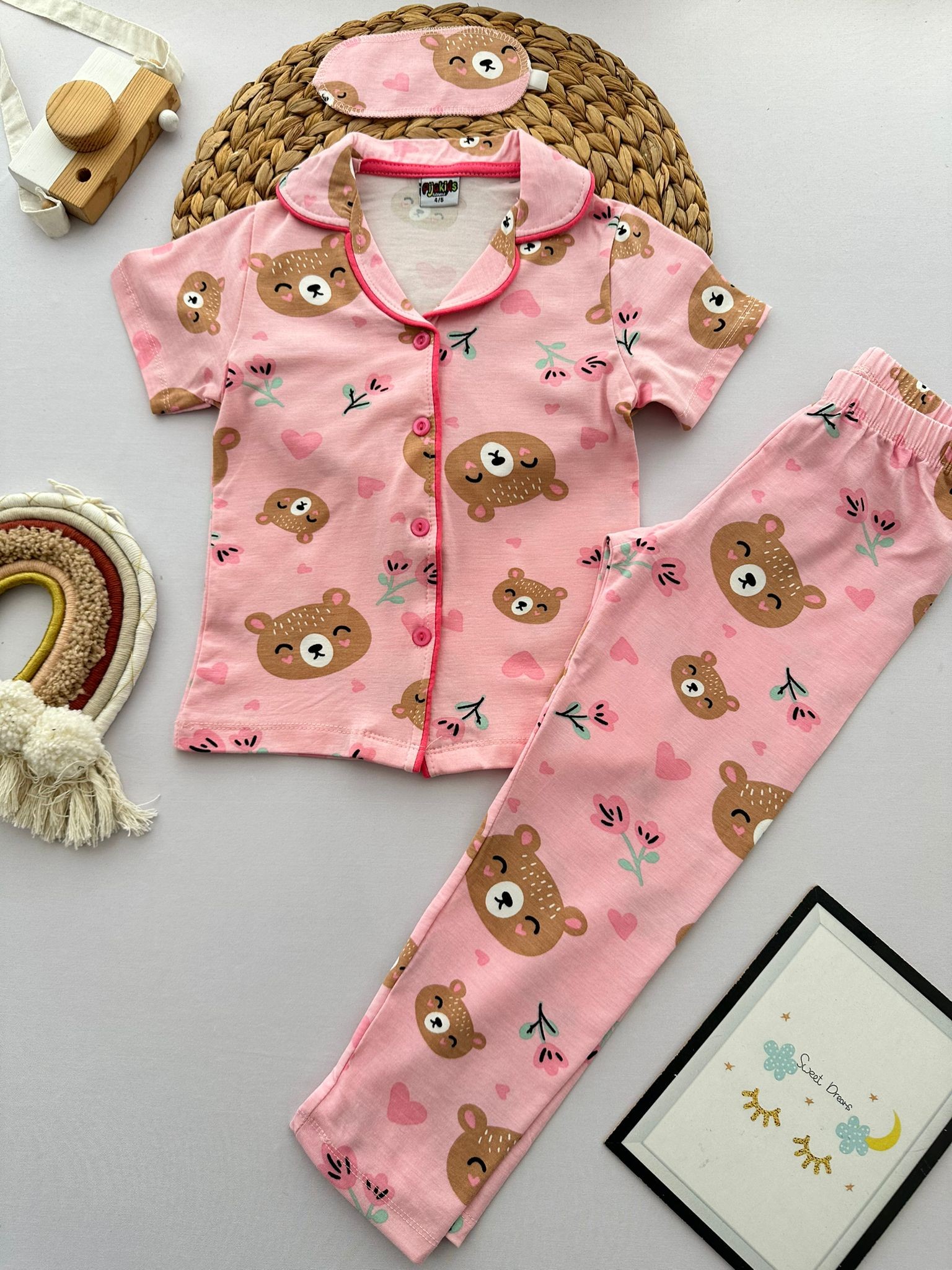 Kız Çocuk Pembe Ayıcıklı 3'Lü Pijama Takım