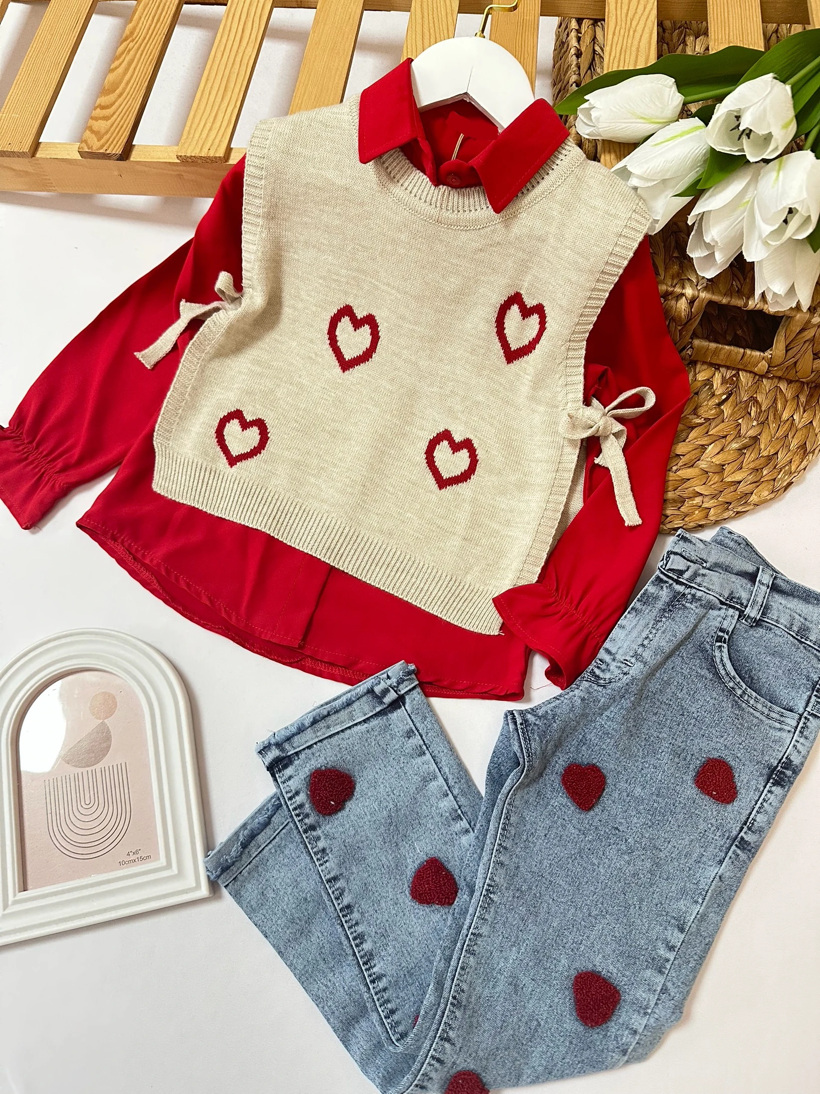 Kız Çocuk Kırmızı Kalp Trikolu 3'lü Takım