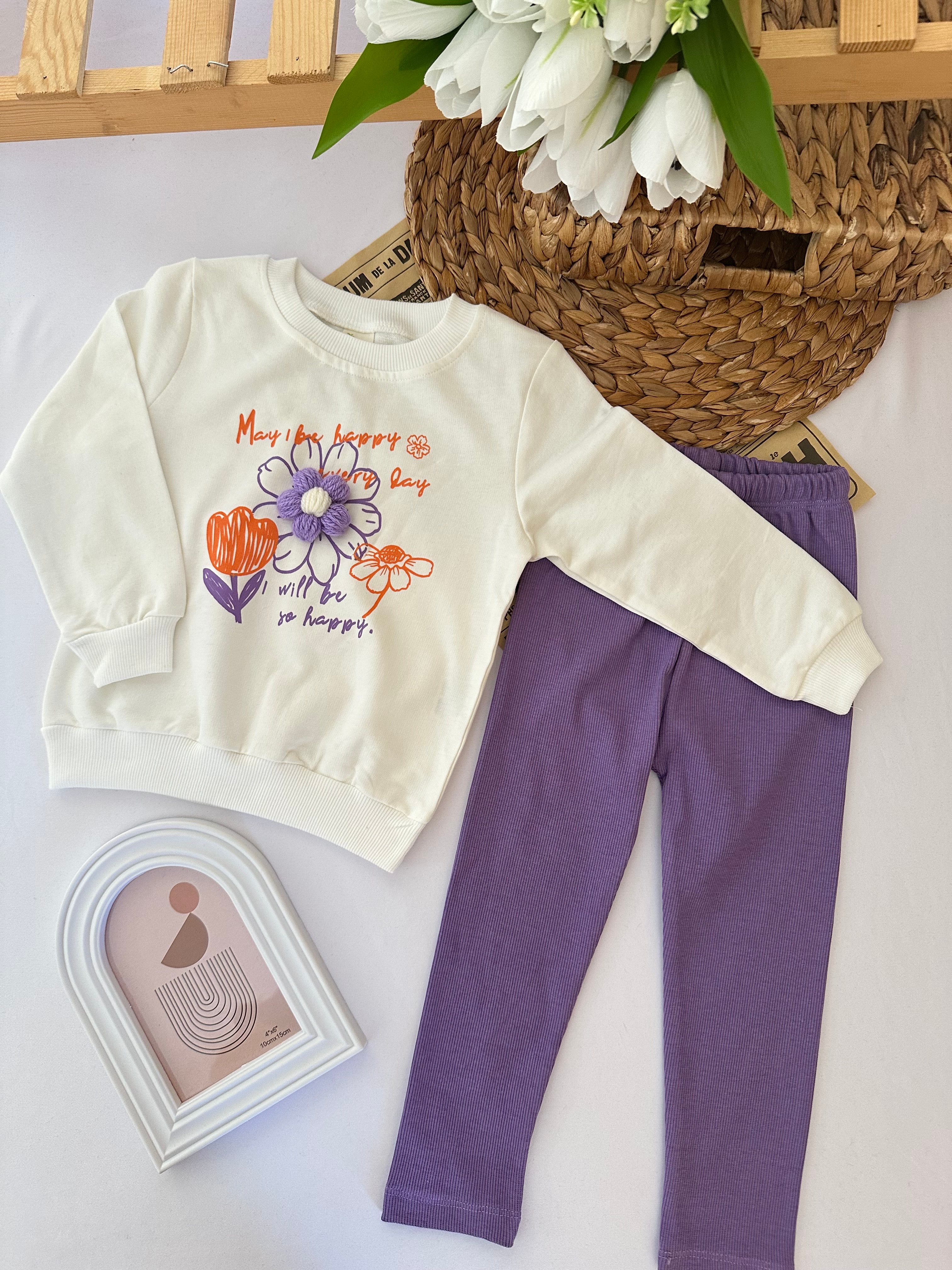 Kız Çocuk Mor Çiçek Nakışlı 2'li Takım