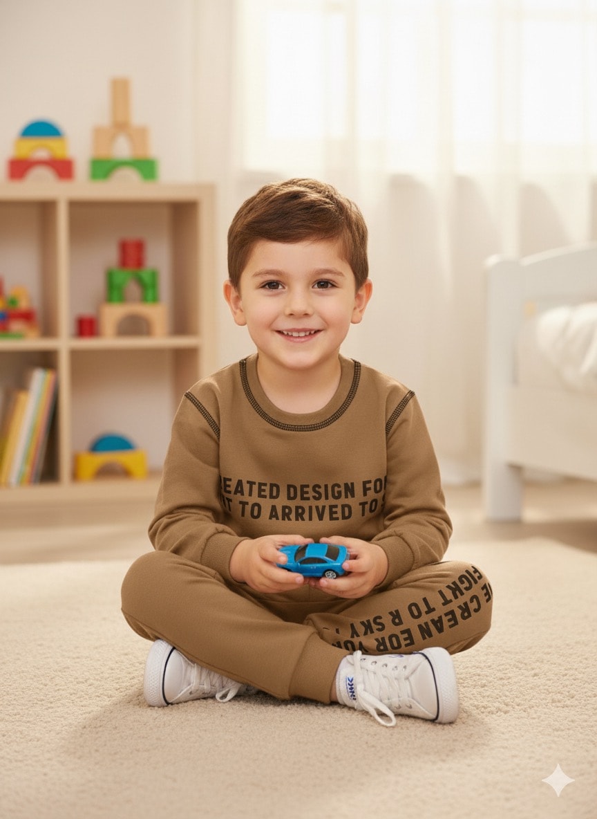 Erkek Çocuk Kahverengi Yazı Desenli Alt-Üst Takım