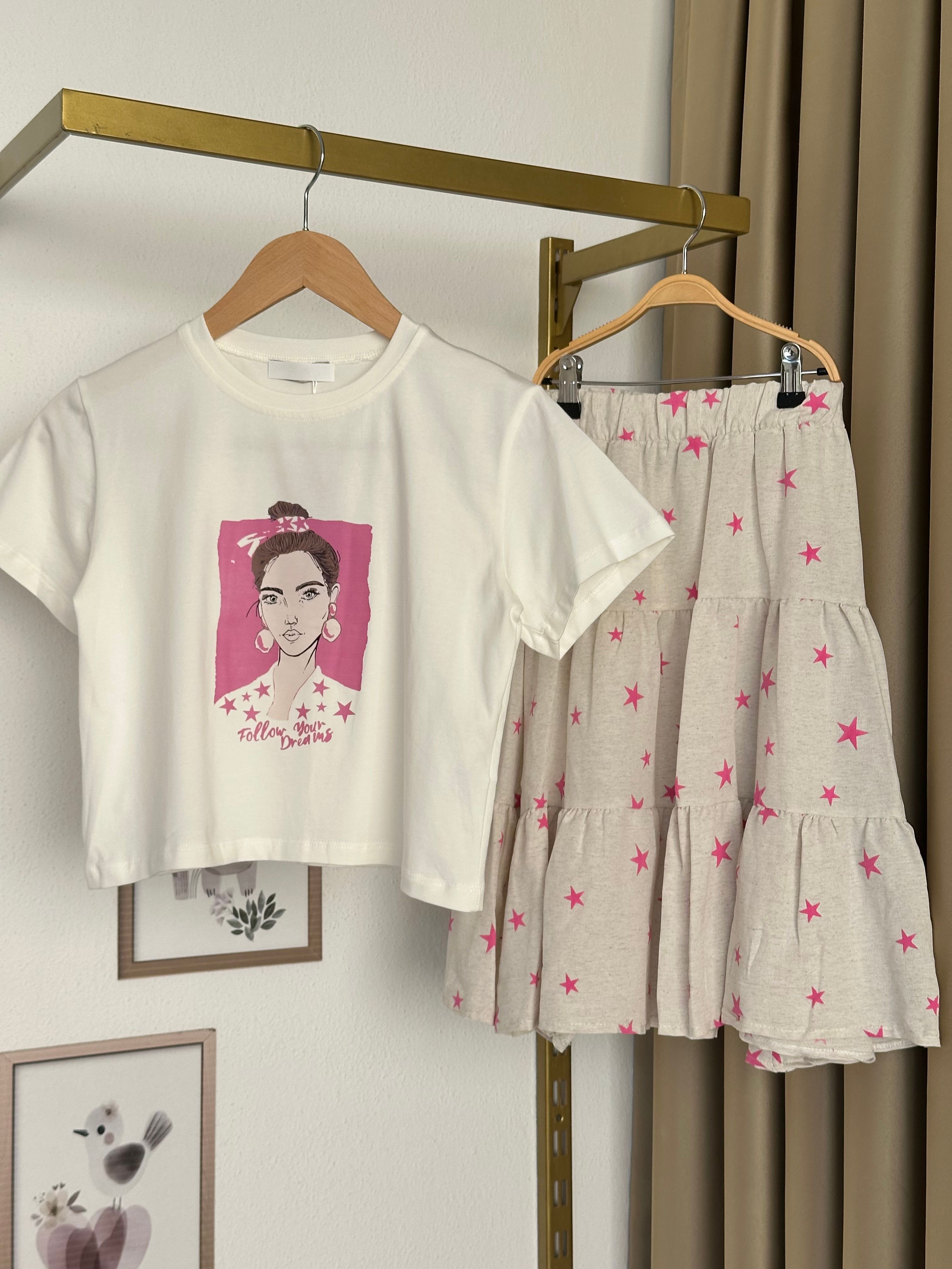 Kız Çocuk Pembe Yıldız Desenli Etekli Takım