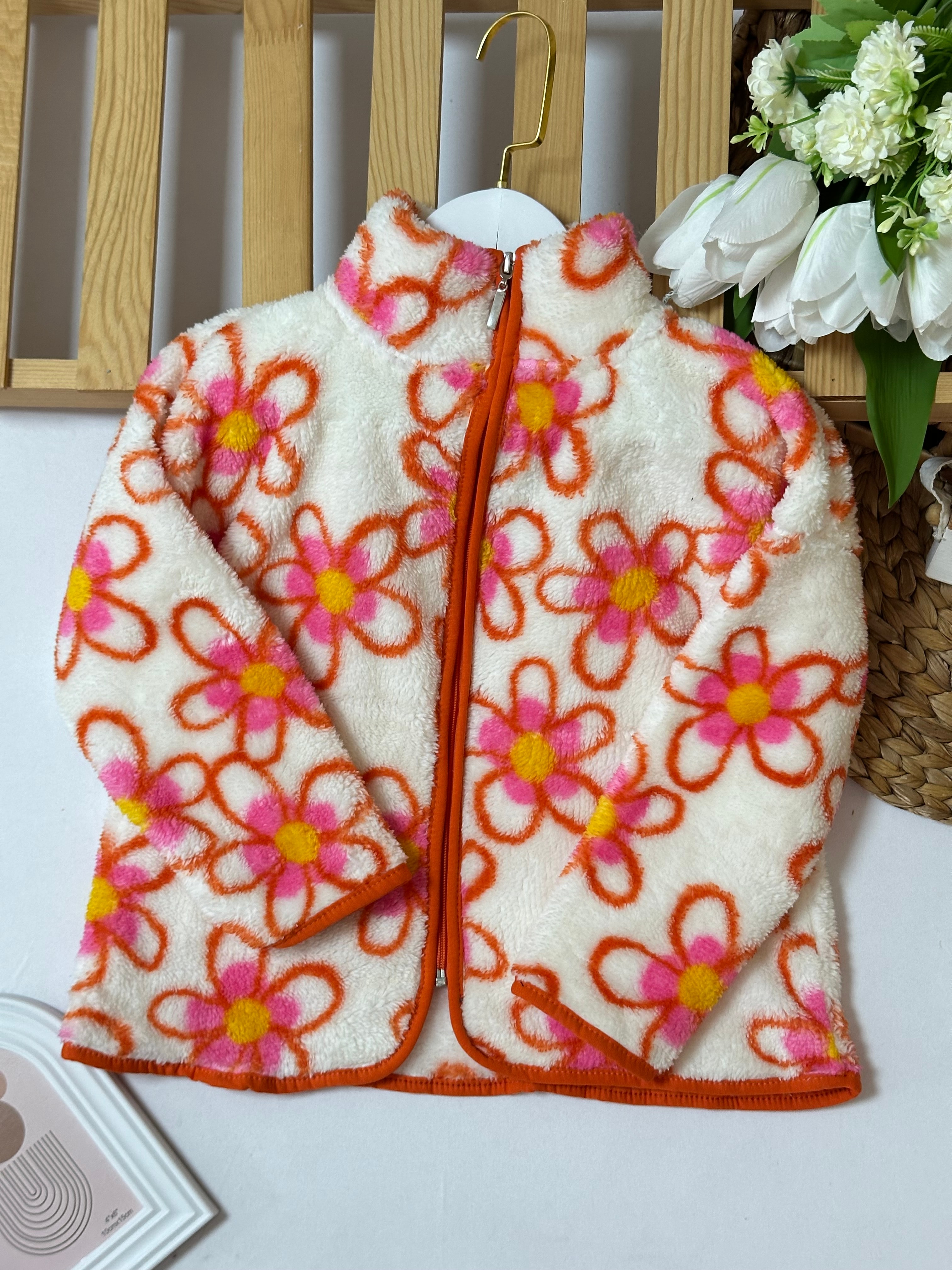 kız Çocuk Pembe Papatyalı Peluş Hırka