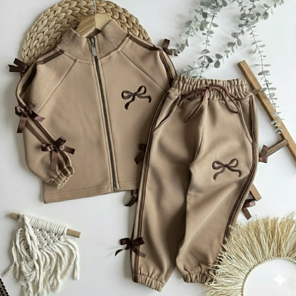 Kız Çocuk Bej  Fermuarlı Fiyonklu Takım