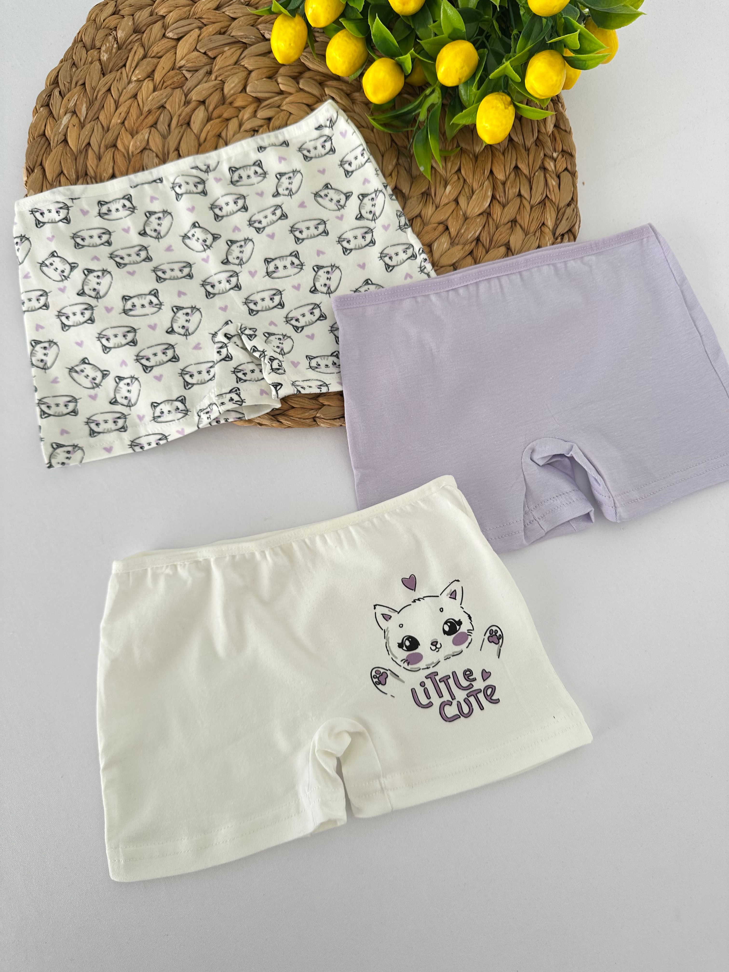 Kız Çocuk Lila Kedicik Desenli 3’lü Boxer Set