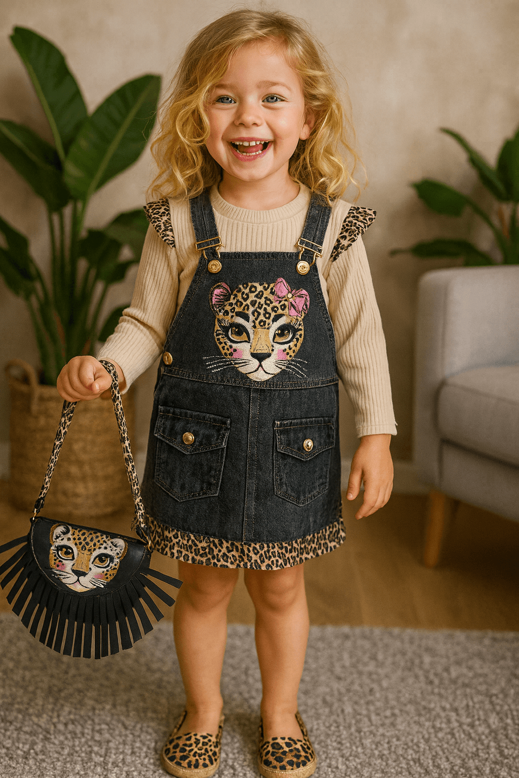 Kız Çocuk 3'Lü Leopar Çantalı Kaplan Desenli Kot Salopet Takım