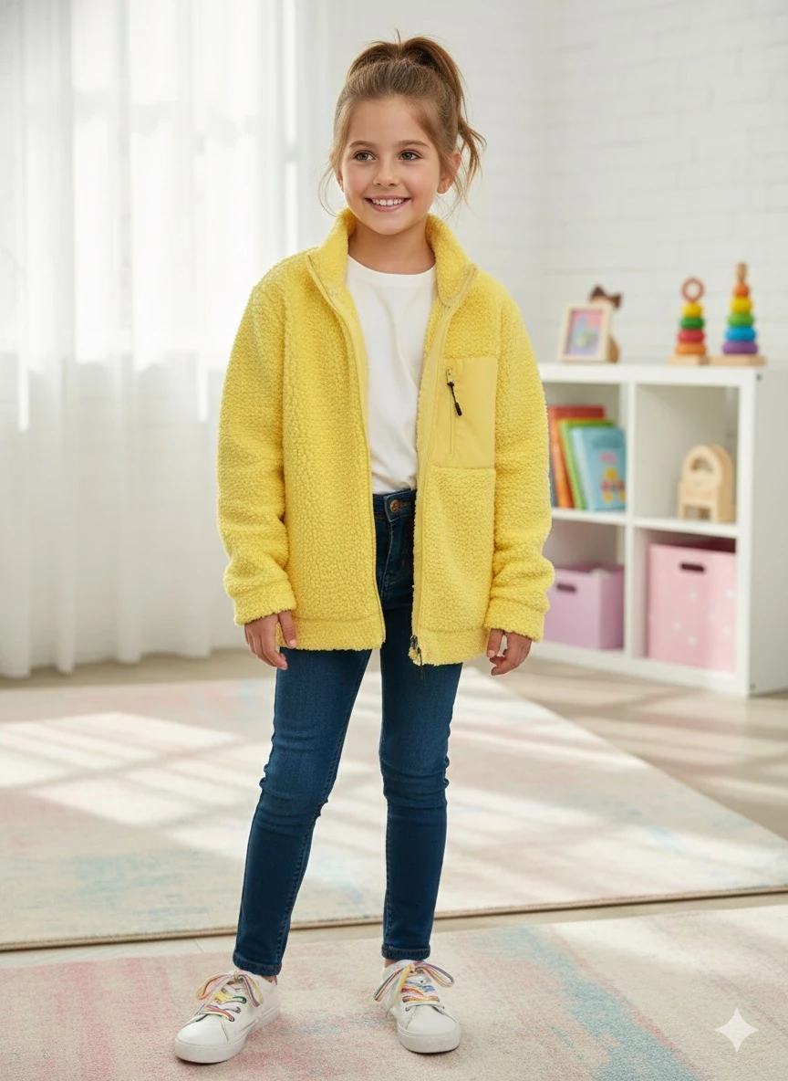 Kız Çocuk Sarı Cepli Peluş Hırka