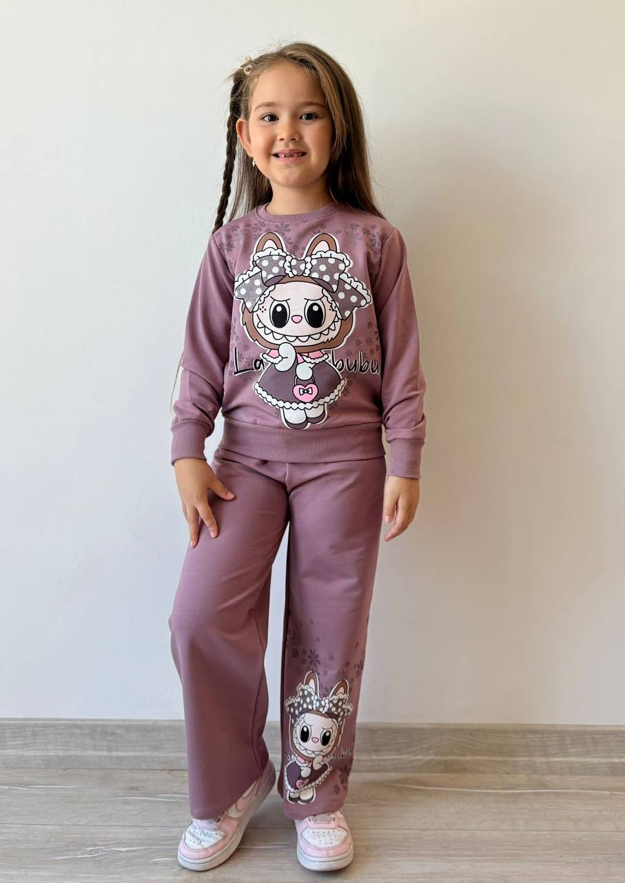 Kız Çocuk Mürdüm Labubu Bol Paça Takım