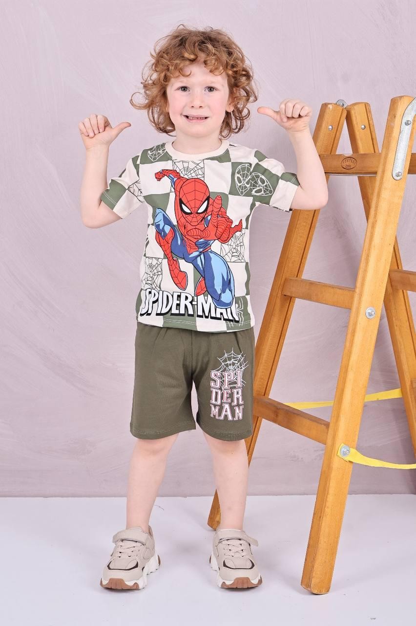 Erkek Çocuk Haki Damalı Spiderman Şortlu Takım