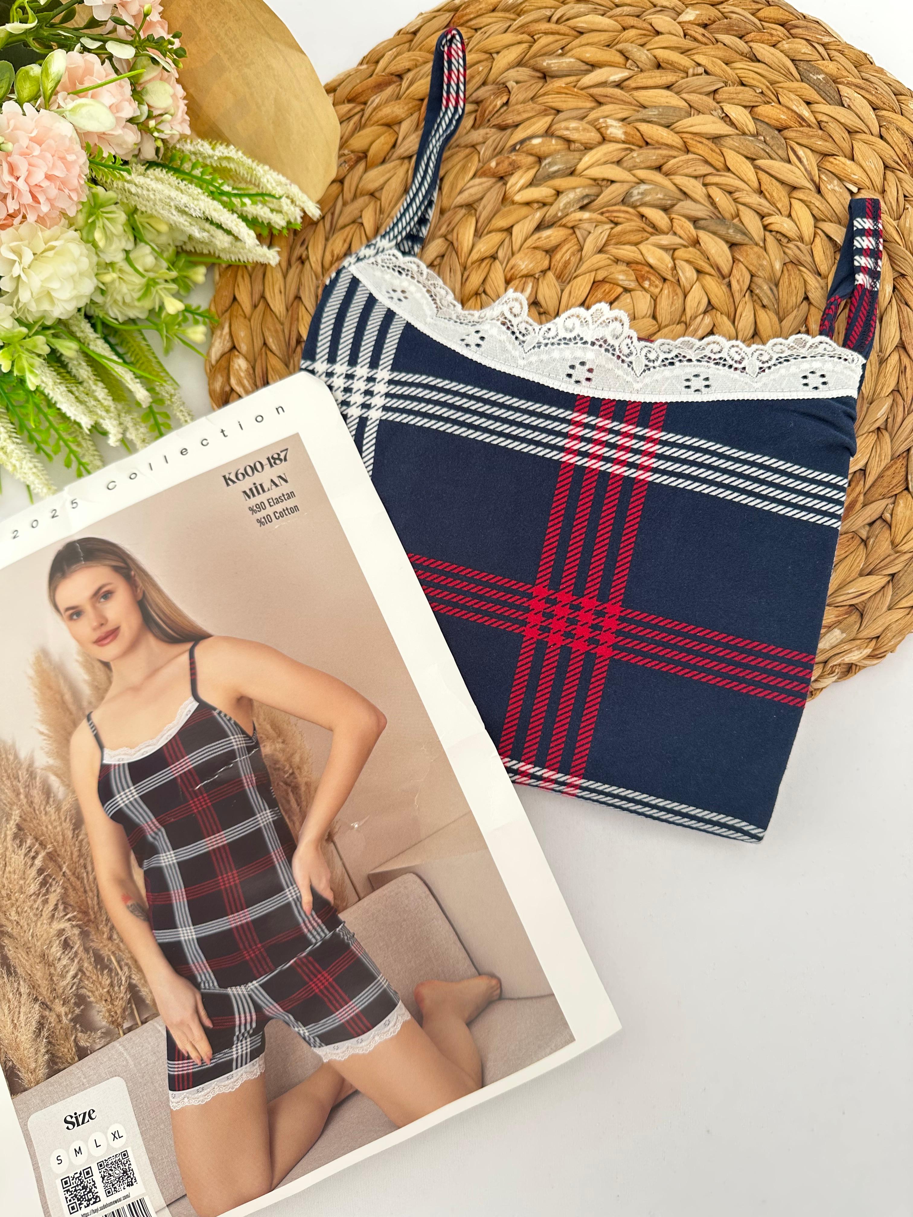 Lacivert Ekoseli Kadın Pijama Takımı