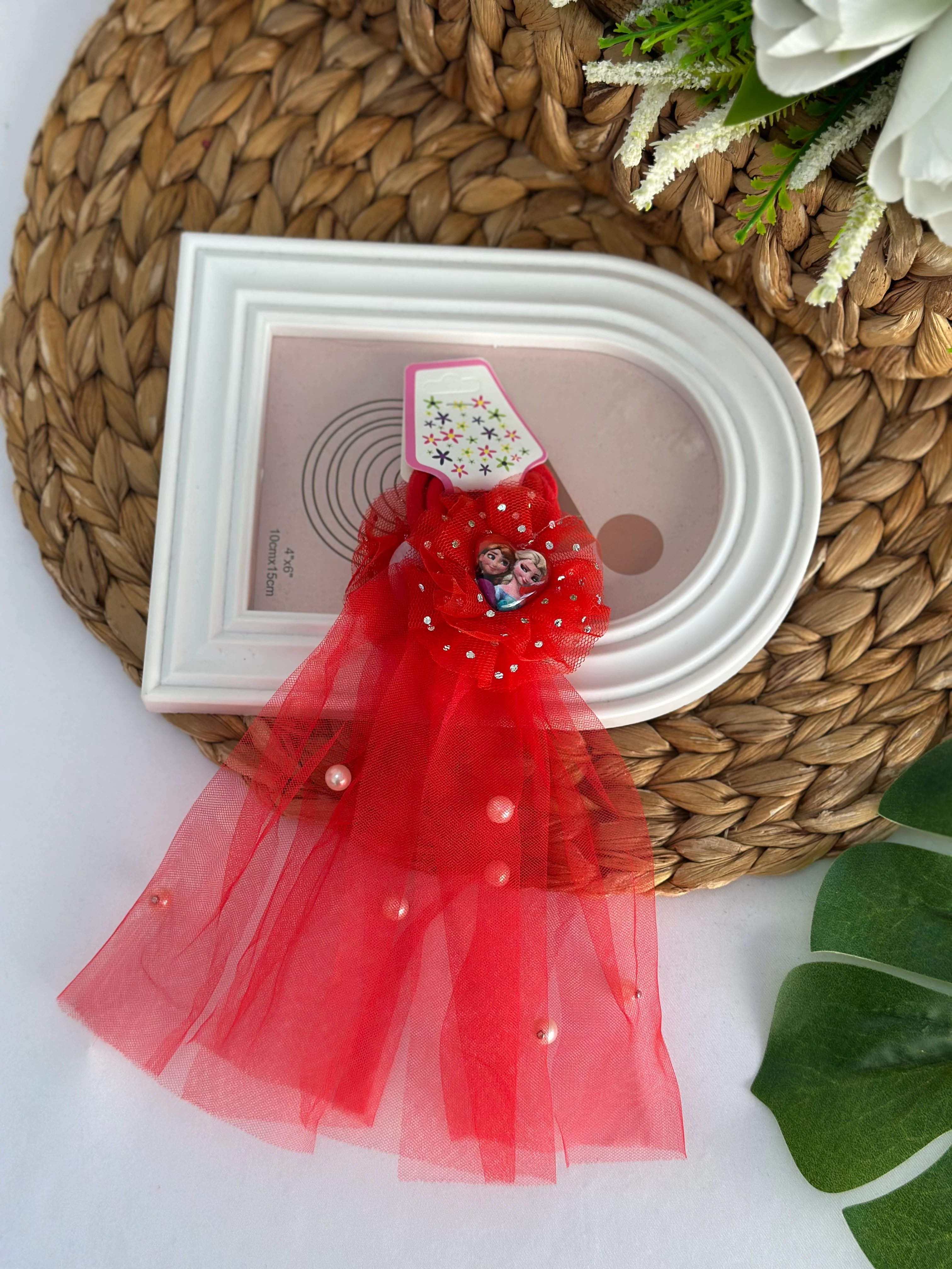 Kırmızı  Frozen Fiyonklu Tüllü 2’li Lastik Toka 