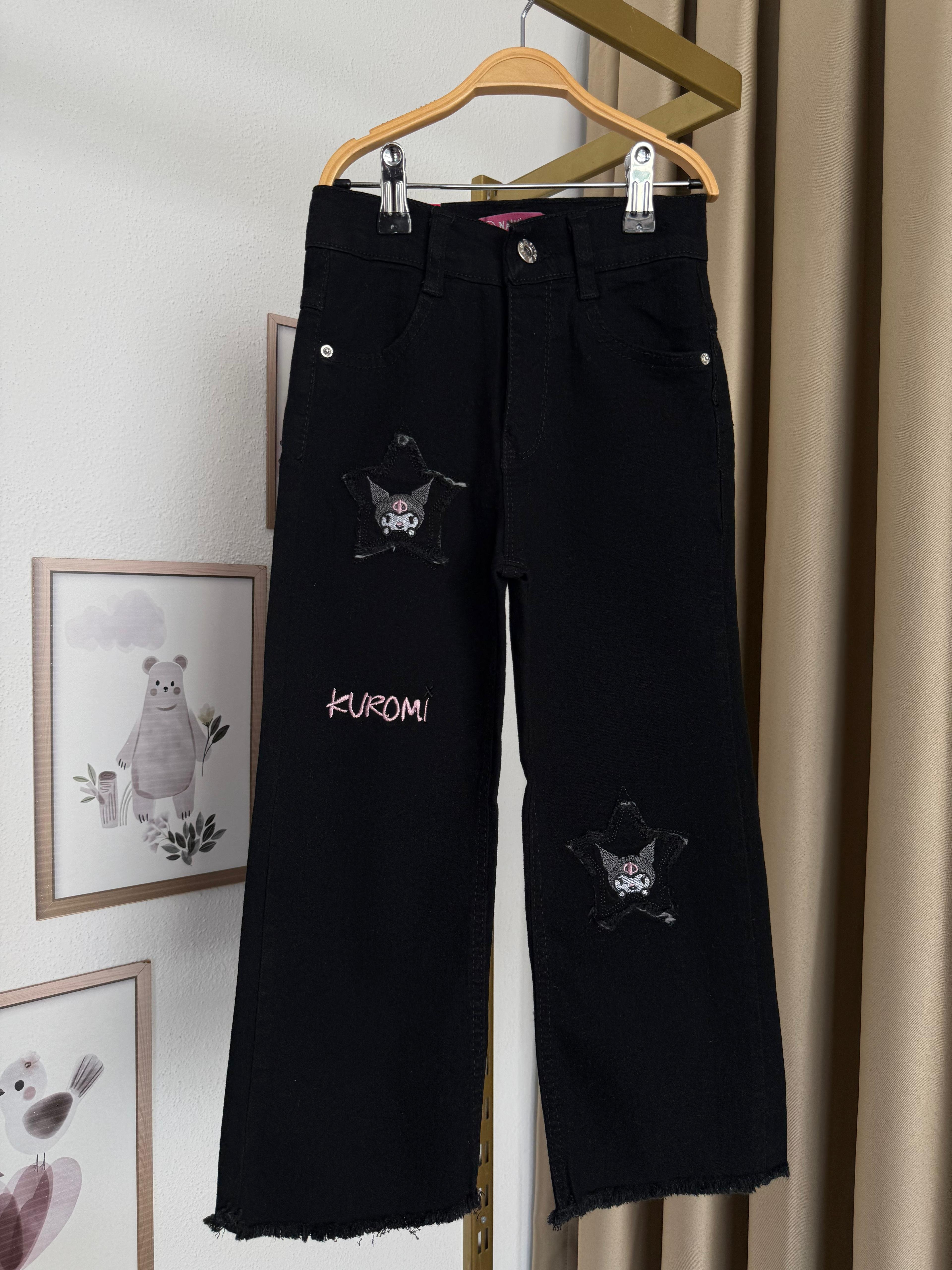 Kız Çocuk Siyah Kuromi Yıldızlı Kot Pantolon