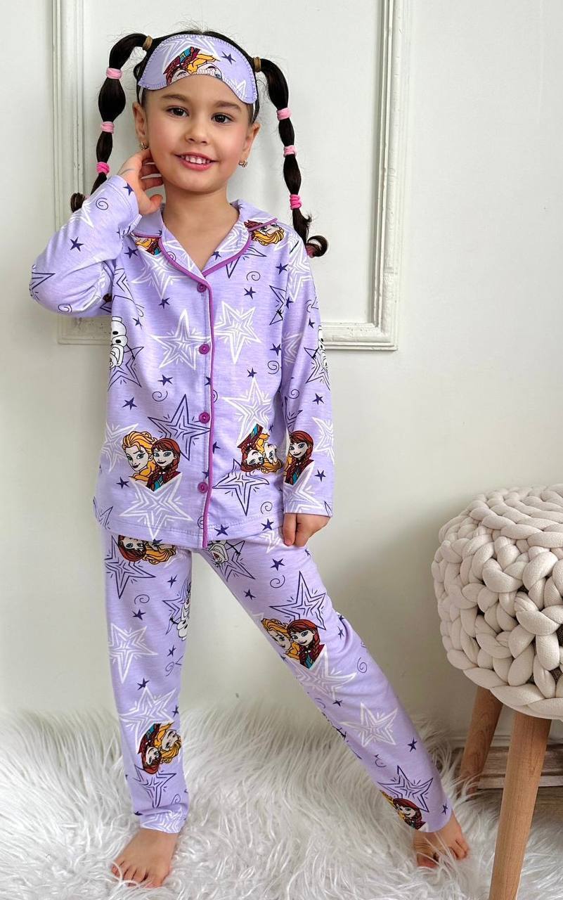 Kız Çocuk Lila Frozen Desenli Uyku Bandı Hediyeli Pijama Takımı