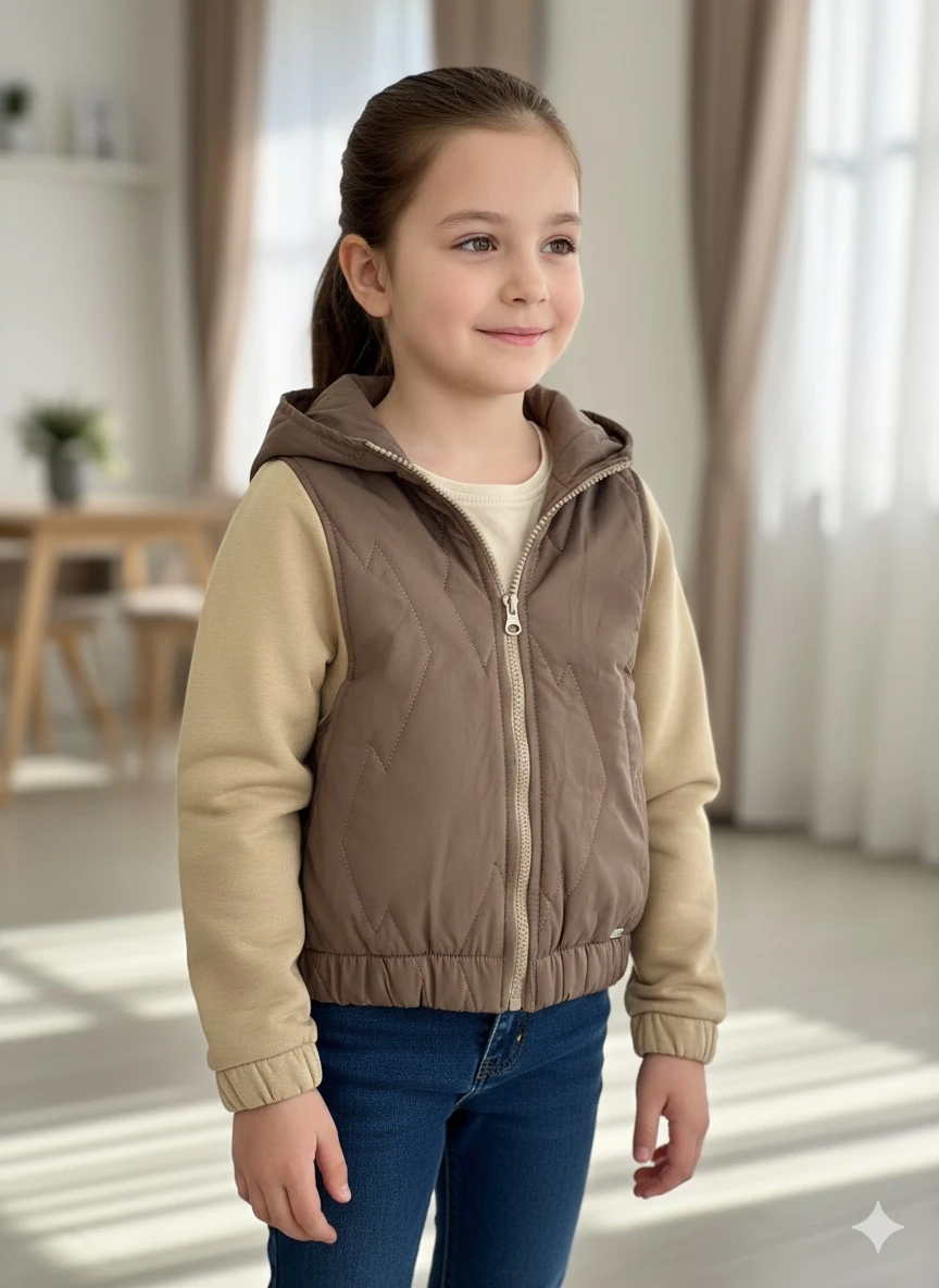 Kız Çocuk Kahverengi İnce Fermuarlı Mont